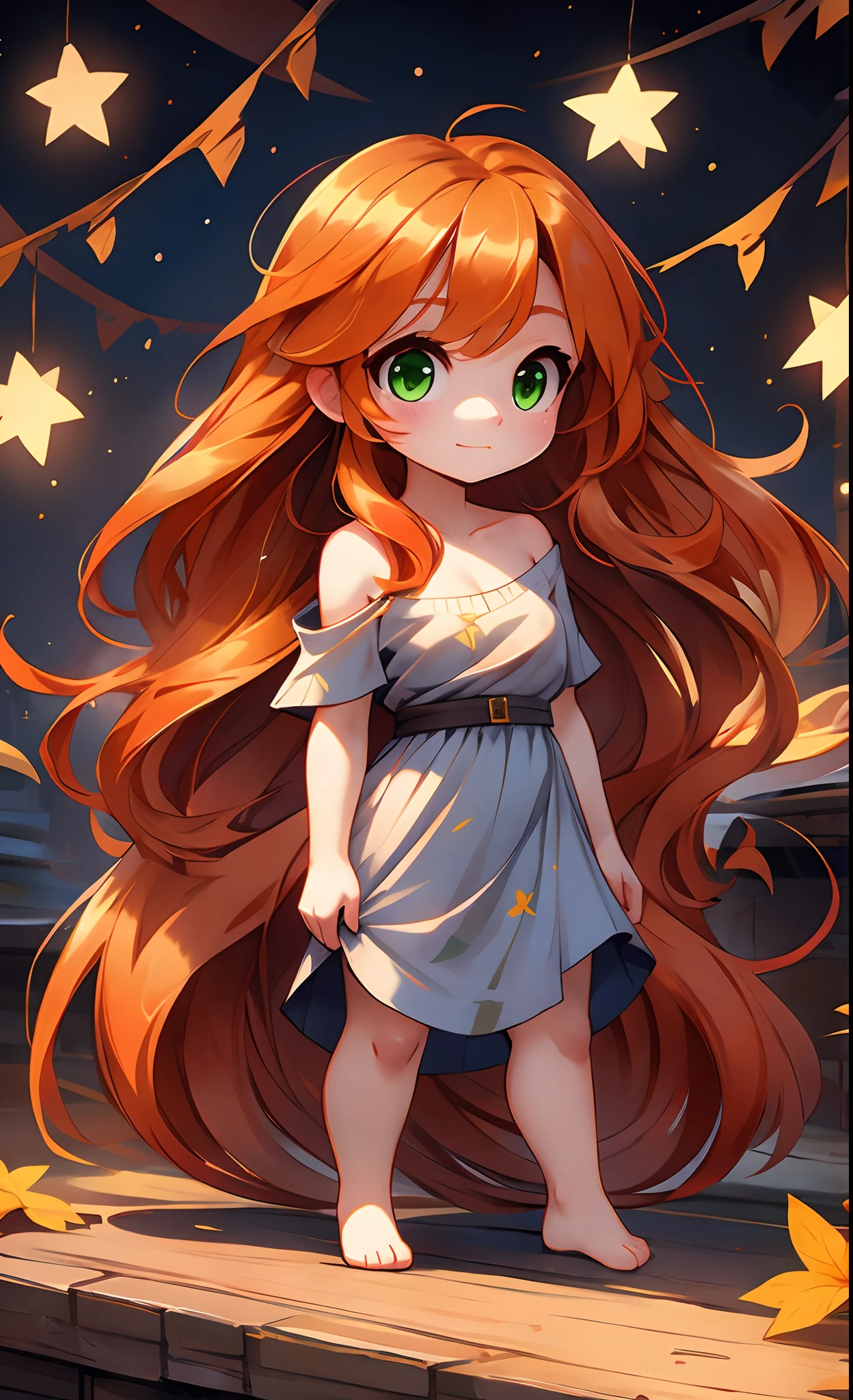 chibi, xyzsam, 1girl, solo, long hair, long hair, scene, orange hair, green eyes, perfect skin, casual clothes, off shoulder