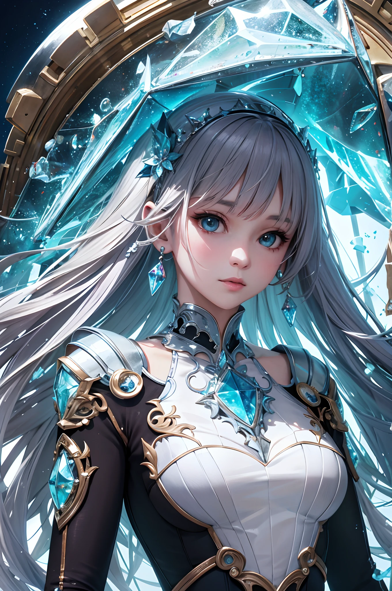crystal covered, upper body, side shot, alternate color, masterpiece, detailed illustration, realistic, pixiv top quality, exquisite, {{{kawaii 1girl}}}, ultra beauties who fuse with machines, elaborate shabby chic pattern, glitter beautiful female, Half of my body is made of machines, transparent glass body, The machines inside the body are transparent, cinematic lighting, dynamic angle, dynamic pose, crystal world, depth of field