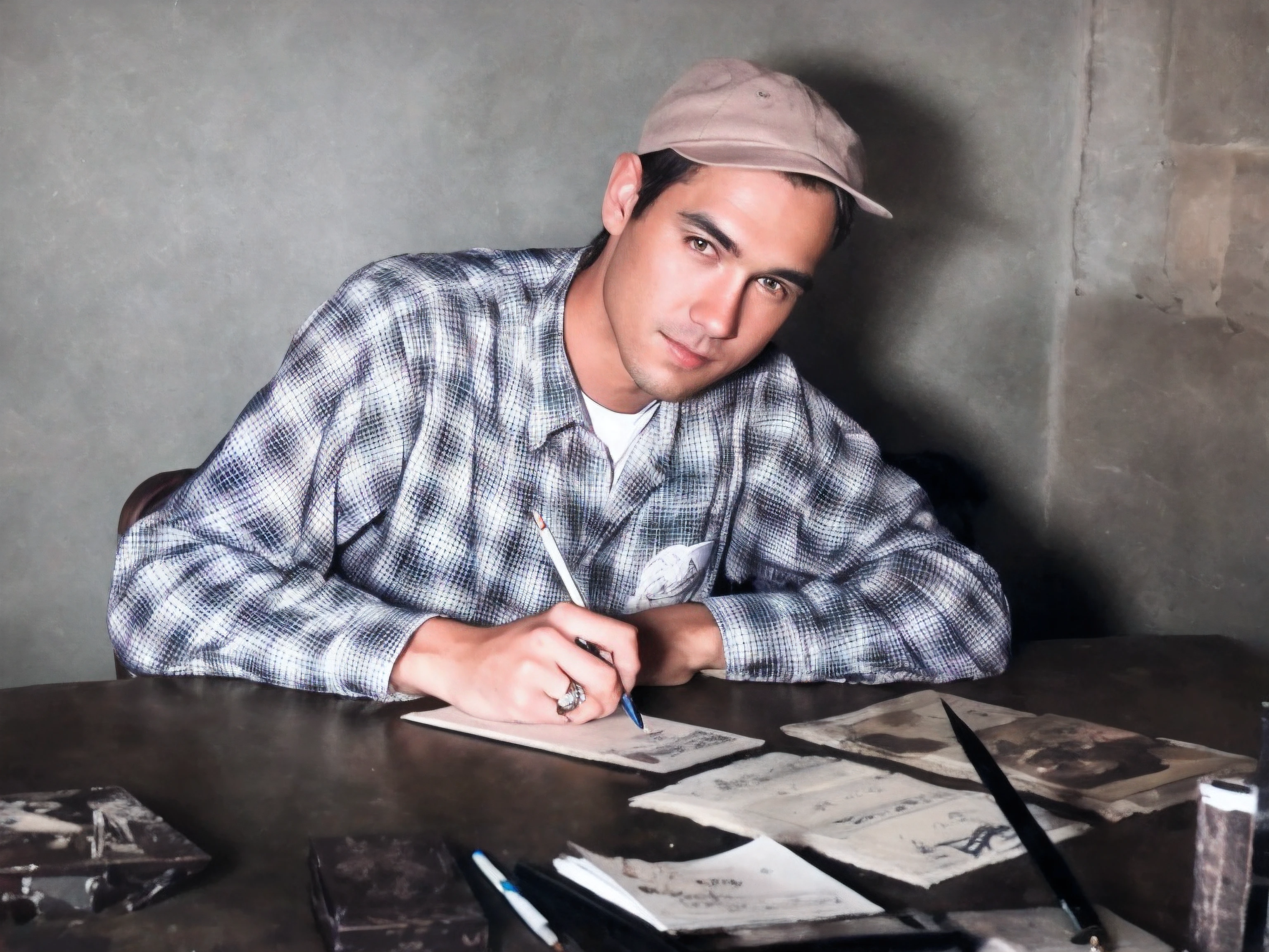 there is a man sitting at a table with a pen and paper, Black-haired man with a grey hat on his head, cara com alguns pontos negros e marcas, camisa aos quadrados brancos e pretos com uma tshirt branca por baixo, Got a ring on his right hand, anel de ouro com uma pedra vermelha, Holds a pencil in his hand, mesa com papeis, cinzeiro, caneta de tinta permanente antiga, folhas jornais, bloco de notas, amazing photograph, best quality, 8K, high quality, Ultra detailed, (best quality), (high detailed skin, full sharp:1.2), 8k uhd, dslr, detailed face