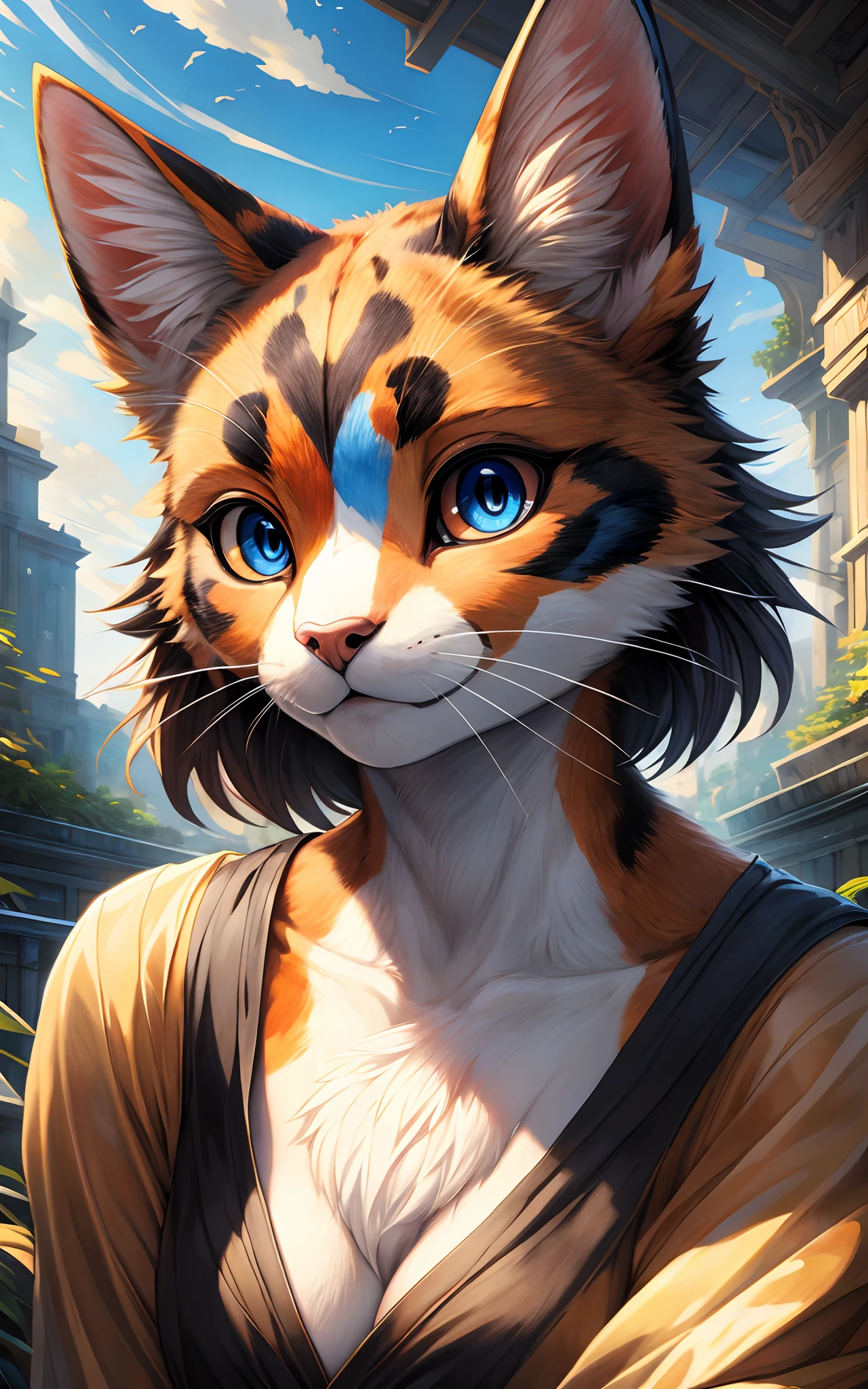 (Art by Xennos), amazing illustration, anime, cartoon, masterpiece, best quality, absurd res, extremely clear, highly detailed, highly detailed facial features, perfect face, perfect eyes, both eyes the same, furry, anthro, female calico cat, highly detailed background,@