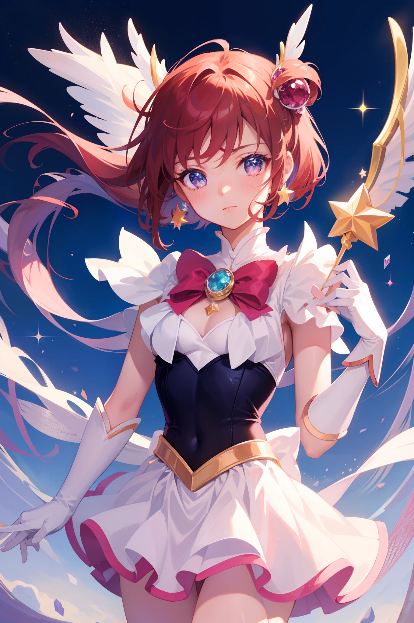 masterpiece, best quality, 1girl, magical girl, detailed magical girl costume, pretty cure, star guardian, Cardcaptor sakura, puella magi madoka magica, sailor moon, colorful gems, crystals, sparkling, bright colors