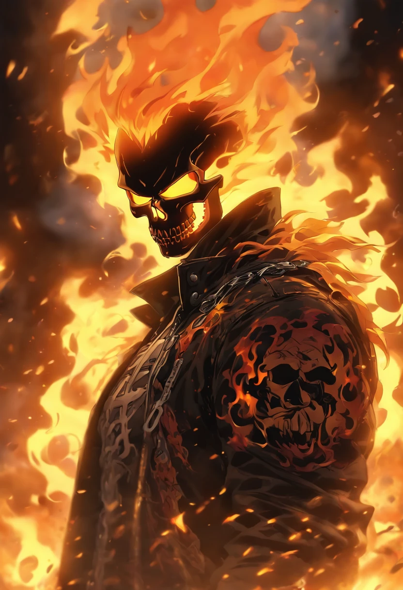 (RAW Photo, Best Quality), (Realistic, Photorealistic Photo: 1.3), Best Quality, Highly Detailed, Masterpiece, Ultra Detailed, Illustration, ghost rider, burning skull, black jacket, black jeans, black shoes, epic background, standing angry with big flame, upper body, ghost riders costume, Best Quality, Extremely Detailed CG Unified 8k Wallpaper, Ink, Amazing, badass look, portrait, close up (skull texture), intricately detailed, fine details, hyperdetailed.