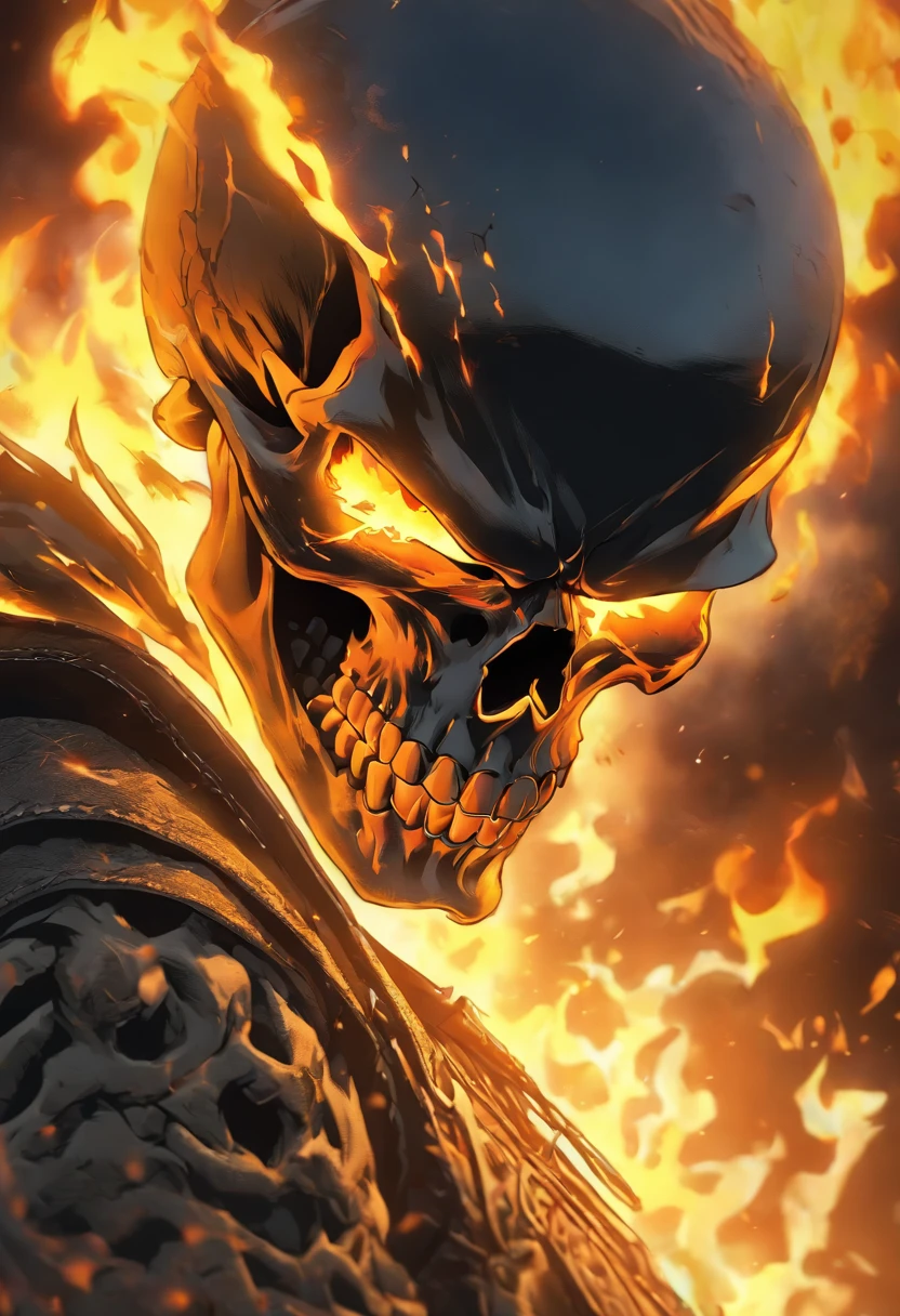 (RAW Photo, Best Quality), (Realistic, Photorealistic Photo: 1.3), Best Quality, Highly Detailed, Masterpiece, Ultra Detailed, Illustration, ghost rider, burning skull, black jacket, black jeans, black shoes, epic background, standing angry with big flame, upper body, ghost riders costume, Best Quality, Extremely Detailed CG Unified 8k Wallpaper, Ink, Amazing, badass look, portrait, close up (skull texture), intricately detailed, fine details, hyperdetailed.