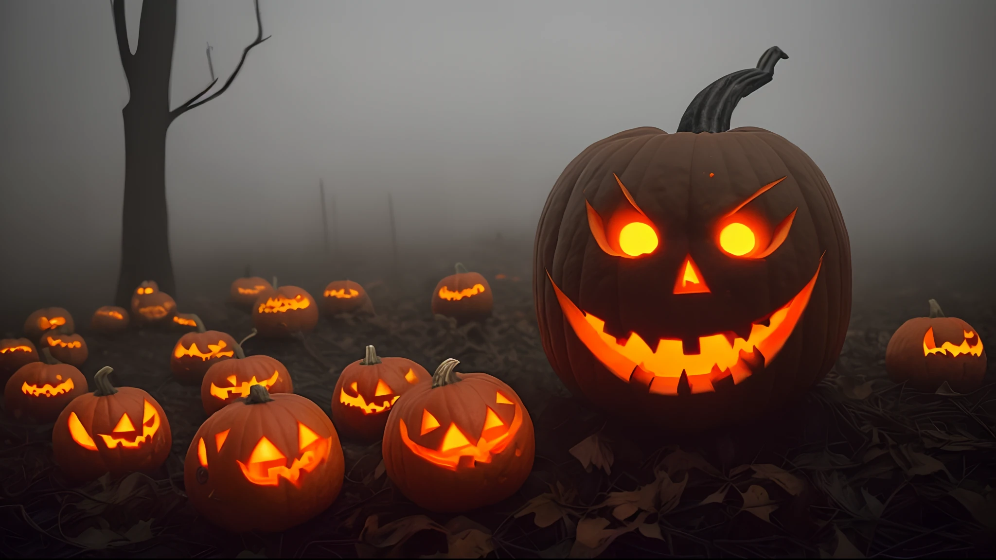 A pumpkin with eyes and mouth lit up, in a foggy graveyard