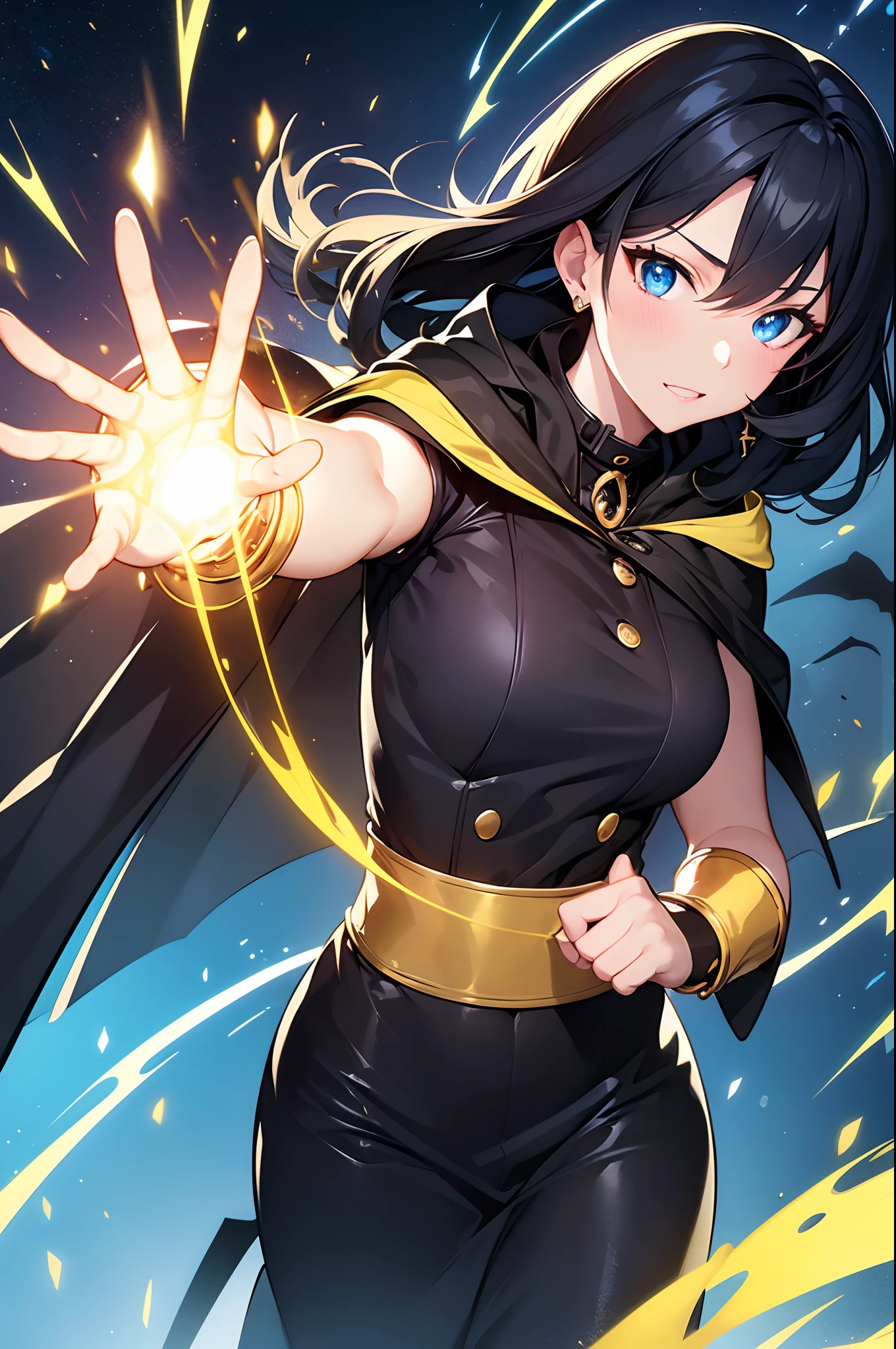 Mature woman with black hair and blue eyes using electric yellow magic in a dynamic pose, determined expression. Golden bracelets, modern clothes, Cape de magicien noir, dark moutain nuit, beautiful lighting, specifics, Masterpiece, beste-Qualit, vibrant