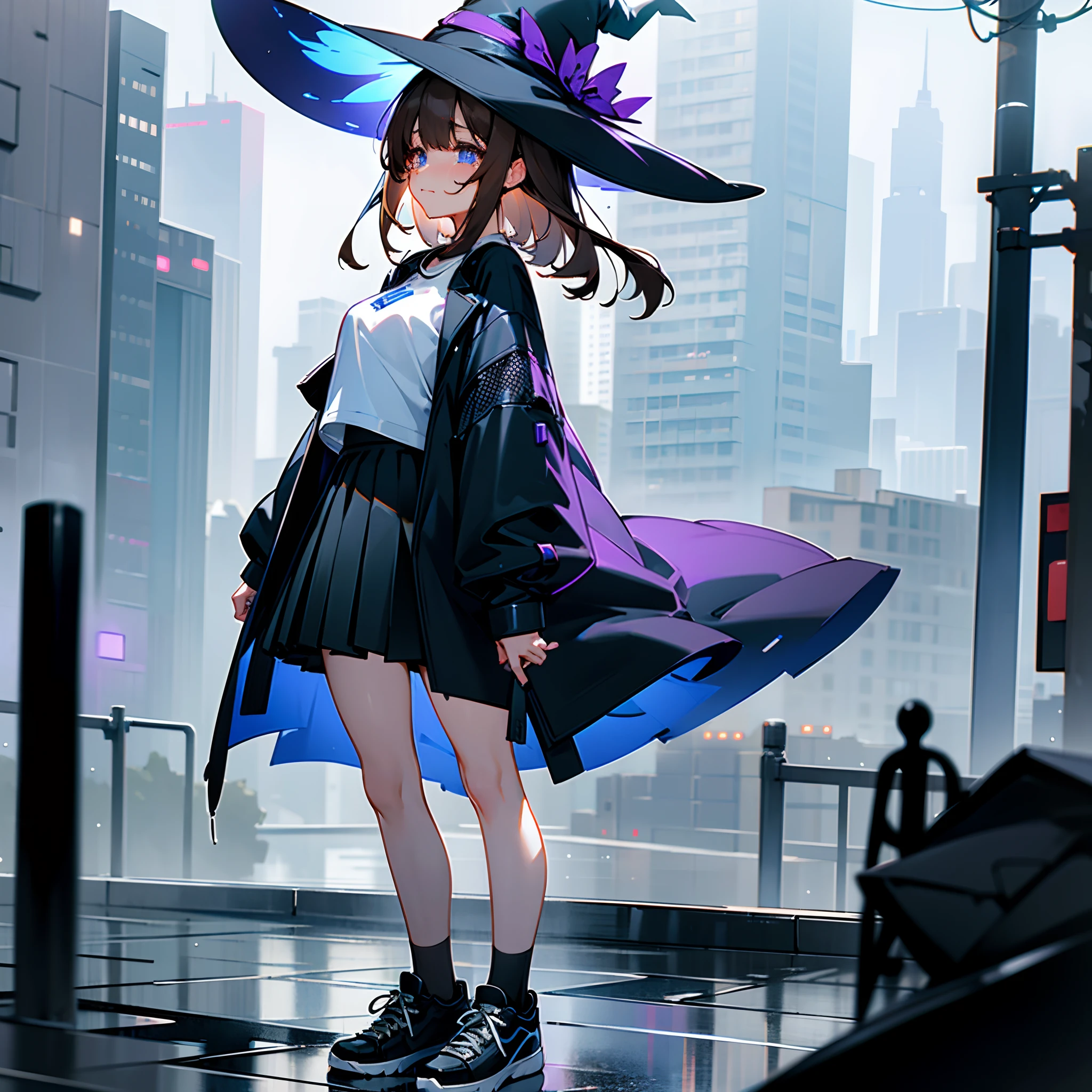 Rainy nights、An urban area lined with buildings、TOKYOcty、Standing Girl、Black coat、white t-shirt、a black skirt、beautiful thigh、Beautiful calves、Dark brown lob hair with blue-violet mesh、Looking at me crying、Black sneakers with white shoelaces、Large witch hat with sapphire accessories、