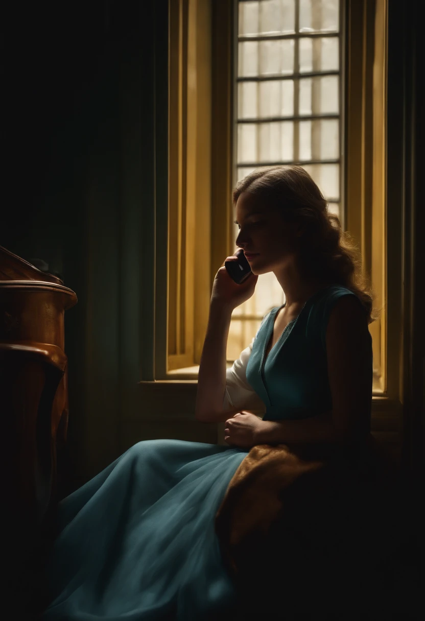 "Compose a descriptive narrative inspired by the image of a girl's shadow sitting in a dimly lit room, engrossed in a phone conversation. Explore the emotions, surroundings, and the significance of this moment in her life."