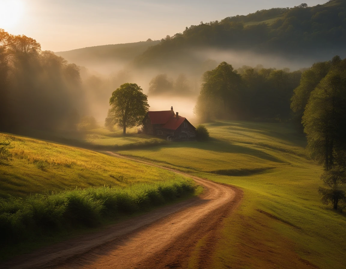 Distant charming farm house on vast hills, fog, sun rays, dirt path through dense forest