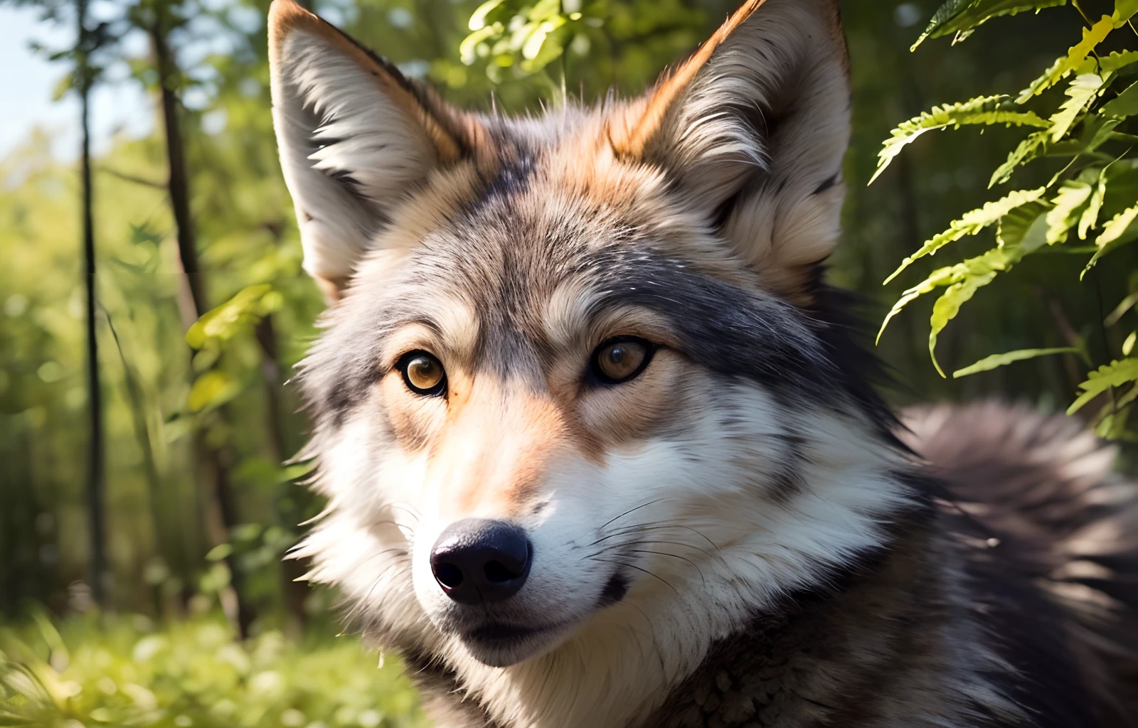 a close up of a wolf in a forest with purple leaves, ethereal fox, digital fox, portrait of an anthro fox, 8k high quality detailed art, fantasy wolf portrait, furry digital art, wallpaper 4 k, wallpaper 4k, 4k detailed digital art, very very beautiful furry art, digital green fox, digital art animal photo, cute detailed digital art