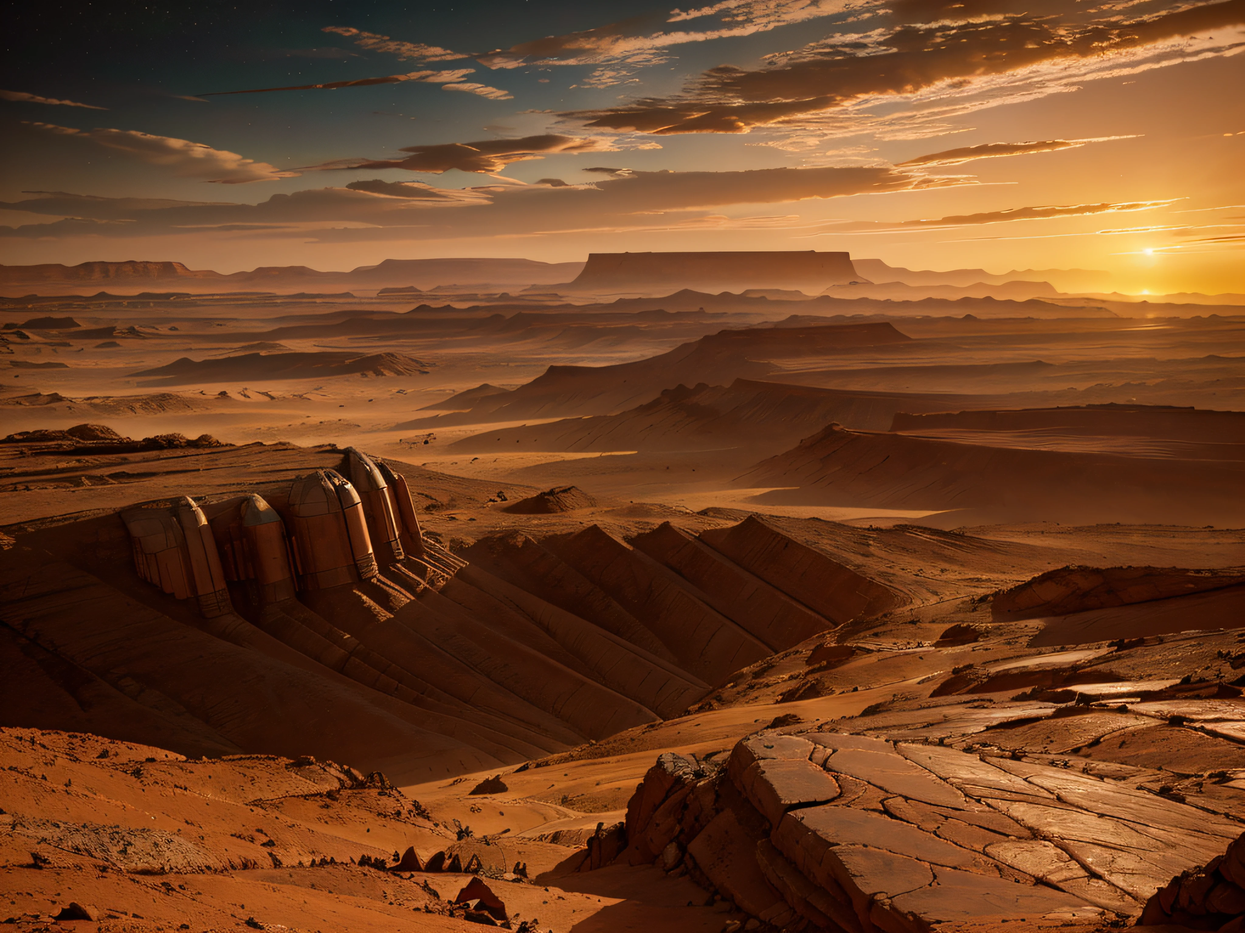 A stunning view of the Martian landscape with its rust-colored surface, rocky terrain, and a fiery sky with a futuristic city inhabited by robots
