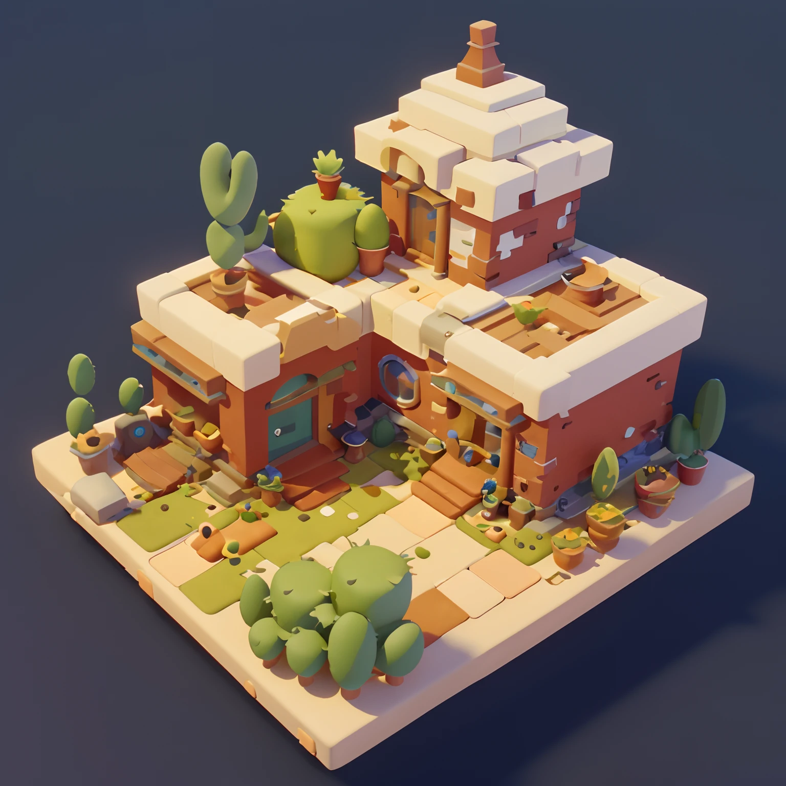 A small house with a cactus tree and a cactus plant on the roof - SeaArt AI