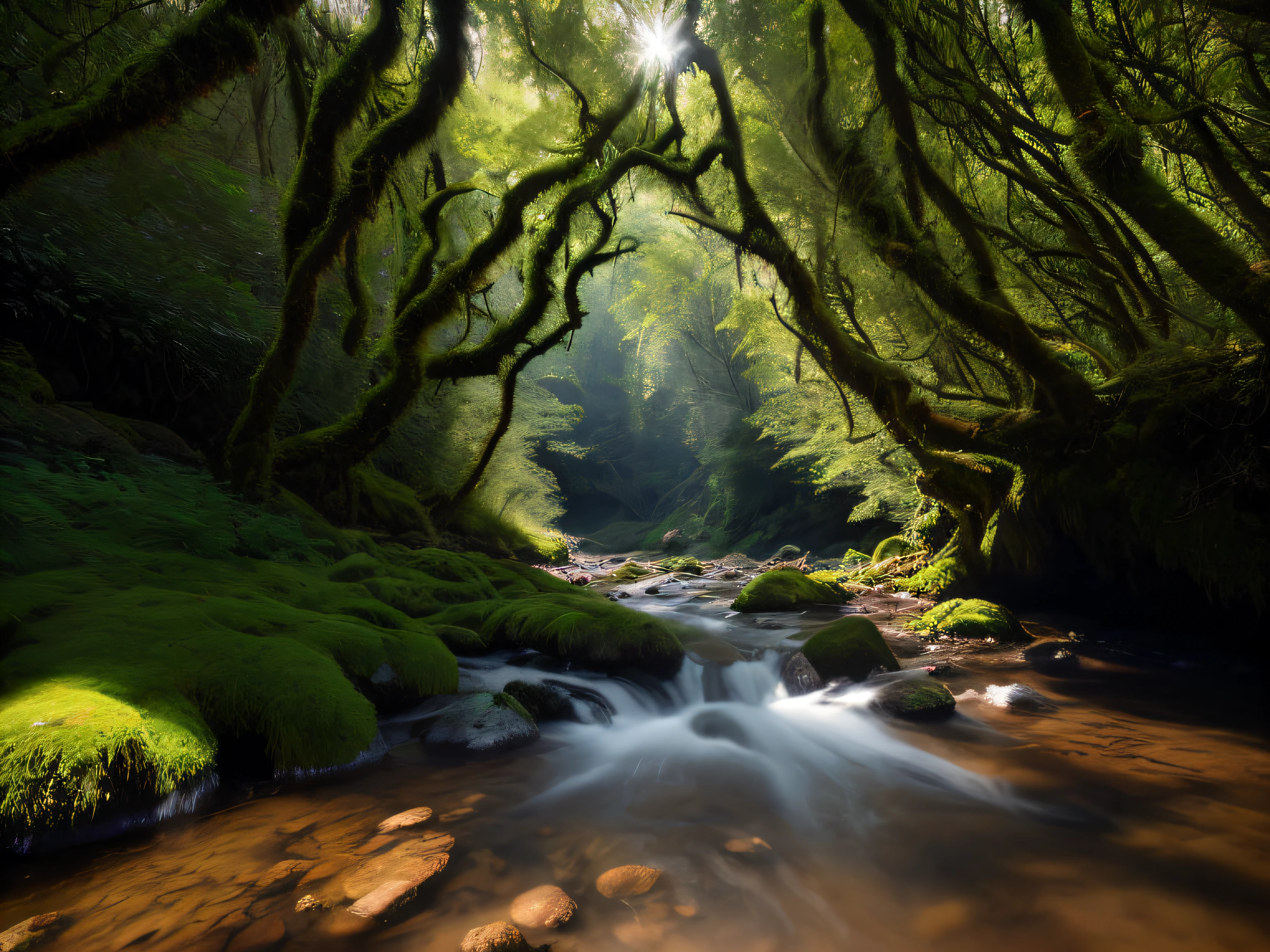 Masterpiece, abstract color, texture, film grain, forest, a lot of sunlight through trees, thin fog, fantastic, complex DSLR RAW, clear stream, transparent river, beautiful river, crystal clear river, a lot of mossy rocks, sunlight, halo, landscape wide angle ultra-detailed matte painting, analog style, (sharp focus: 1.3), (spring water source: 1.3),