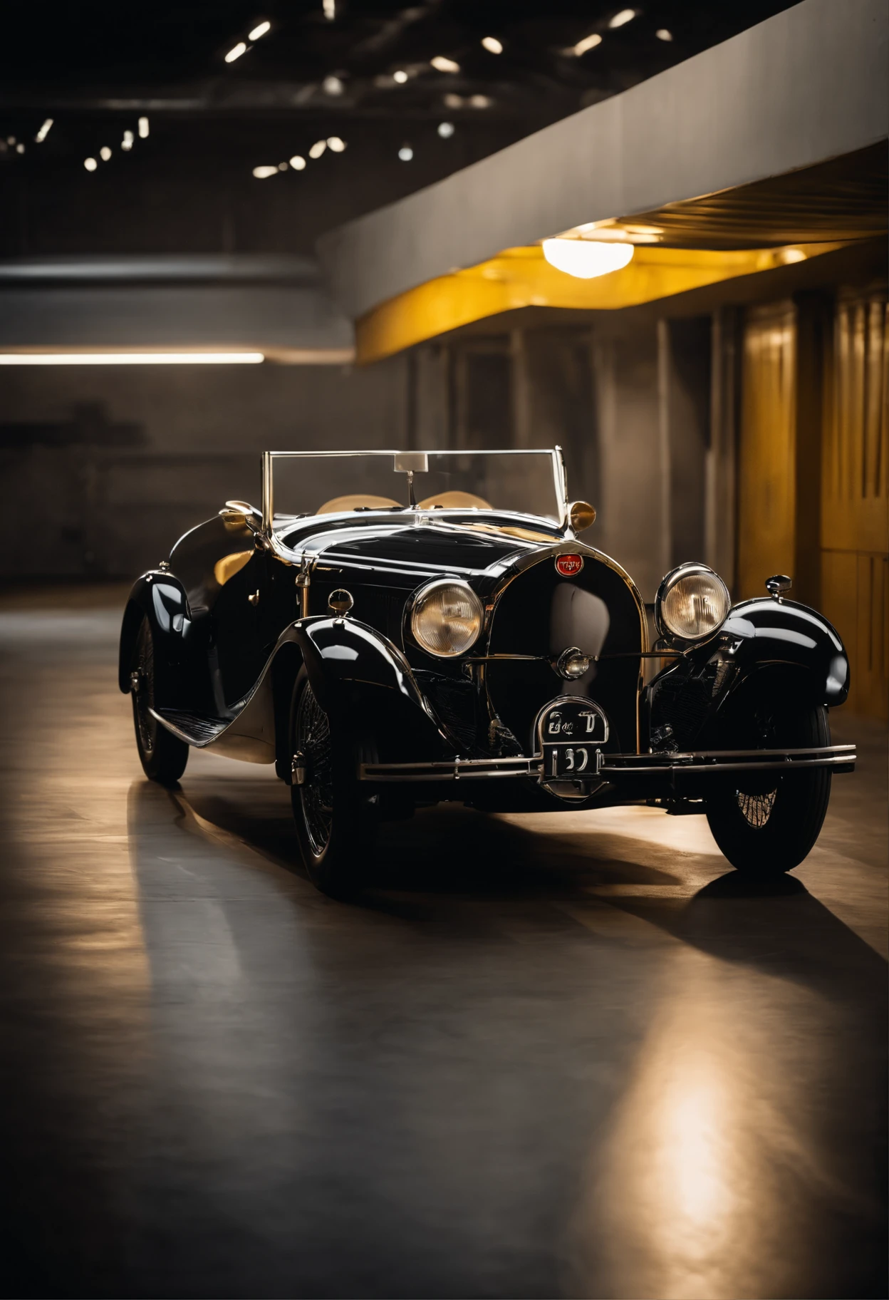 Masterpiece:1.2, Best Quality), Realistic, (real picture, intricate details, Depth of field:1,8 ),beste-Qualit, 4k, 8K, shot on Hasselblad XCD 4, An old 1930 Bugatti sports car, Smooth Lines, Black Shiny, with a thin yellow stripe along the body, Racks in the hangar with artificial lighting, Additional lamp heating in the center, There are large concrete slabs on the floor