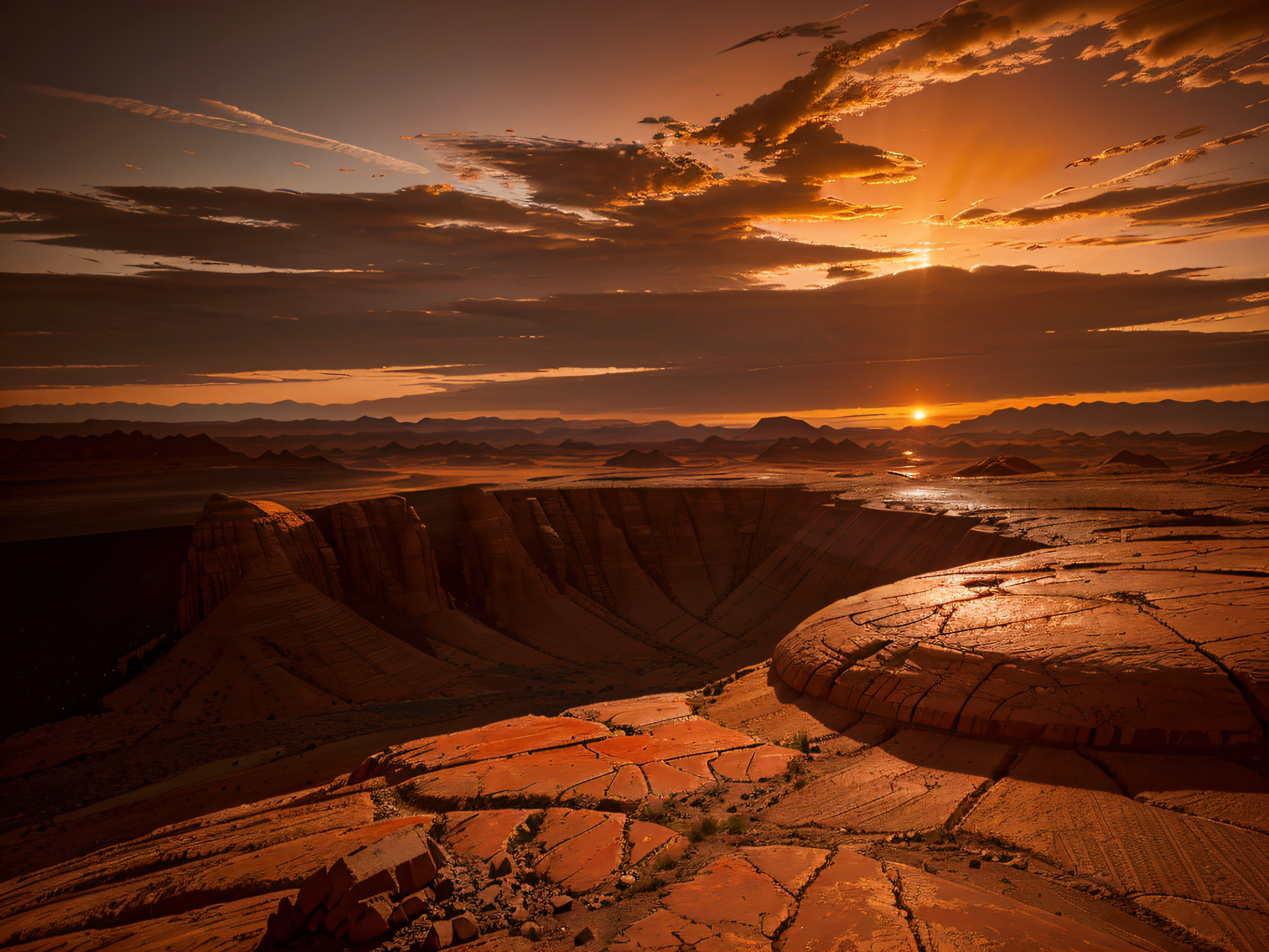 A stunning view of the Martian landscape with its rust-colored surface, rocky terrain, and a fiery sky with a futuristic city inhabited by robots