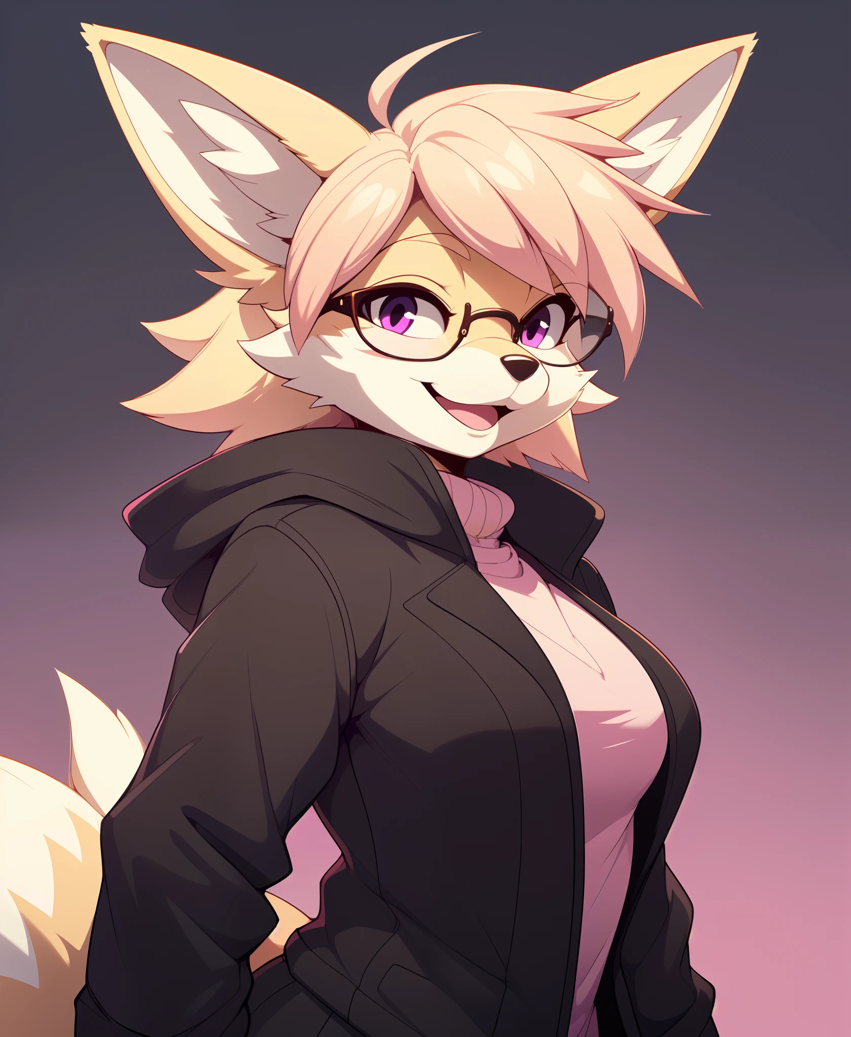 (solo:1.3), adult, glasses, (anthro, furry female, white fennec fox), (medium hair, peach blonde hair, pink streaks, bangs), purple eyes, (motherly, cute, happy), (black coat, grey pants, sneakers), (by sssonic2, by zeekzag, by atryl:1.30), (really thin simple black eyebrows), (no background:1.2), (bust portrait)