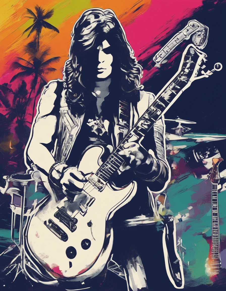 Banda de Rock. Guitarrista Branco, Fino, Cabelos pretos e muito compridos, In love with his black and white electric guitar. Tocando em um palco profissional com luzes, nevoeiro, Telas e pirotecnia. super realista , profesional lighting,