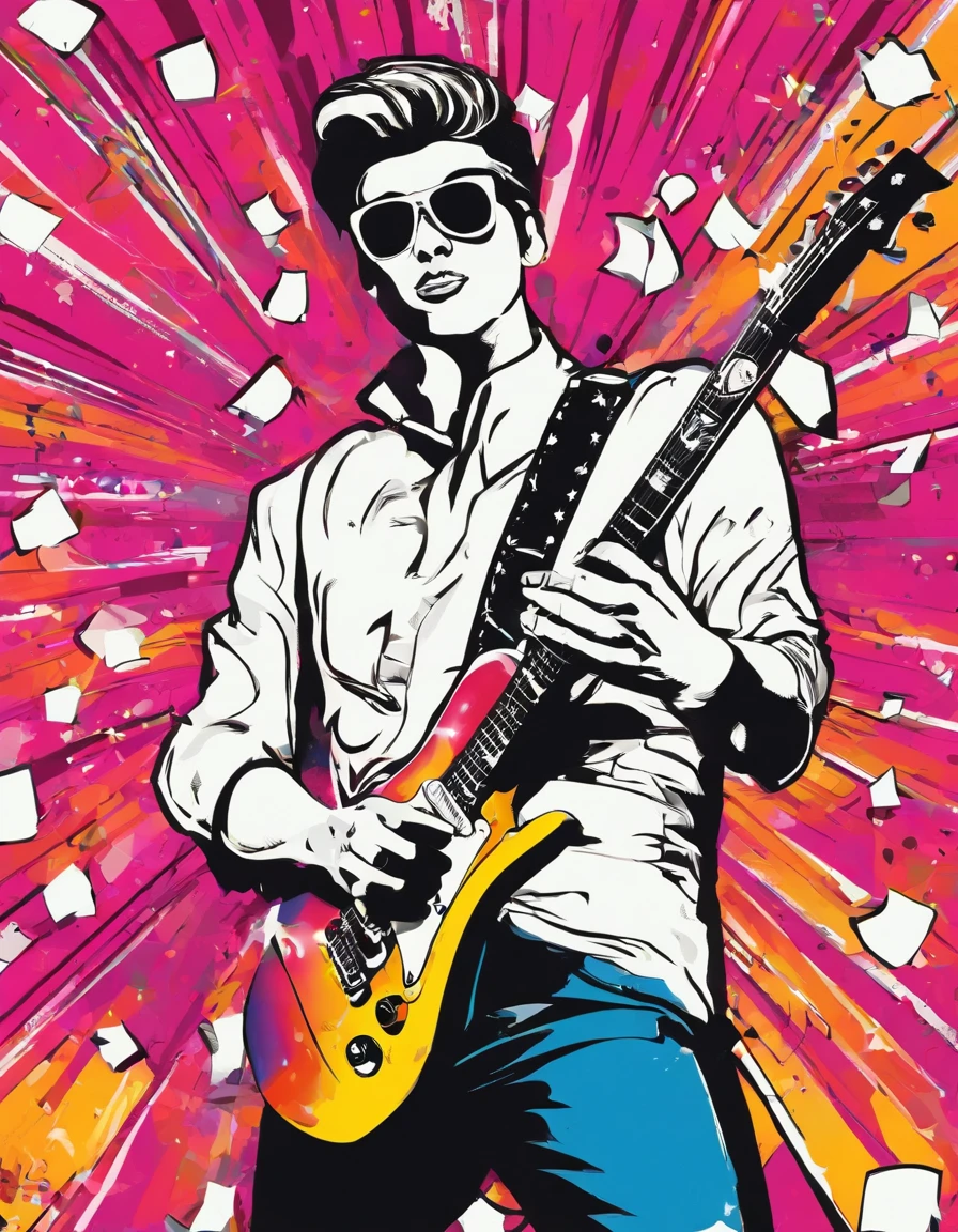 Banda de Rock. Guitarrista Branco, Fino, Cabelos pretos e muito compridos, In love with his black and white electric guitar. Tocando em um palco profissional com luzes, nevoeiro, Telas e pirotecnia. super realista , profesional lighting,