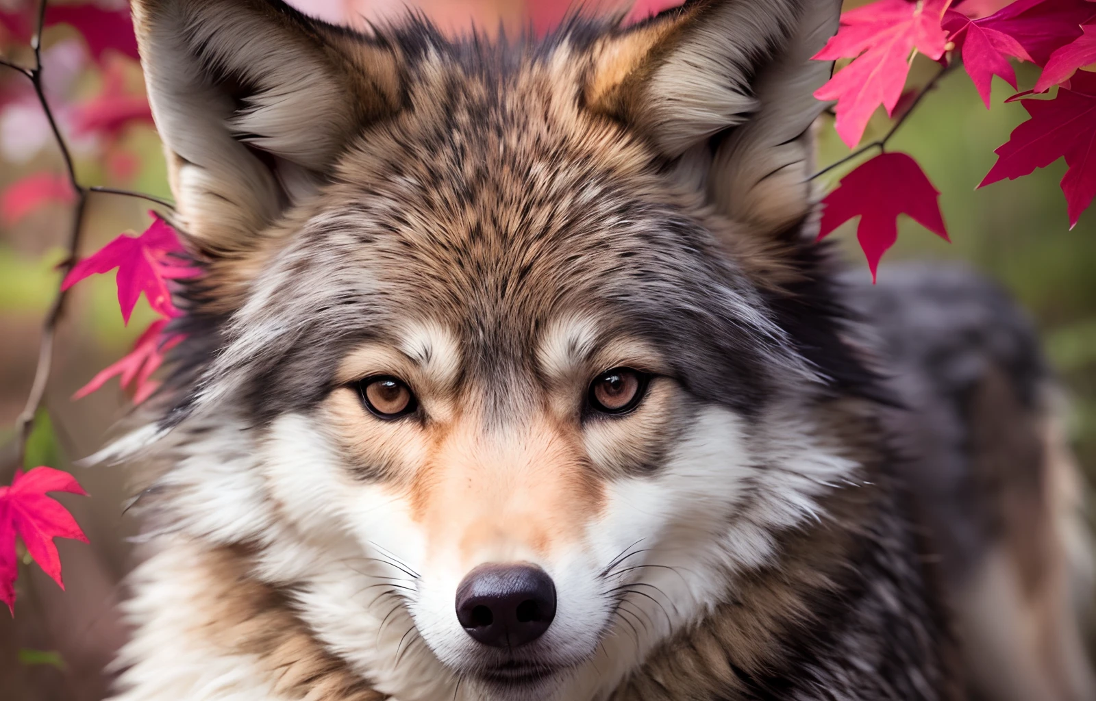 a close up of a wolf in a forest with purple leaves, a digital painting by Adam Marczyński, trending on Artstation, furry art, ethereal fox, digital fox, portrait of an anthro fox, 8k high quality detailed art, fantasy wolf portrait, furry digital art, wallpaper 4 k, wallpaper 4k, very very beautiful furry art
