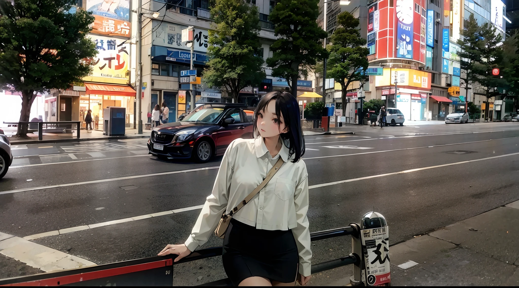 seductive woman standing on a bench in a city at night, a sports car behind her in a Tokyo street, sitting in Tokyo, in Tokio, in the streets of Tokyo, in Neo Tokyo, in Neotokyo, taken in 2 0 2 0, in city street, at a city street, posing in neo - tokyo futuristic, chiho, in the city, standing in a city center