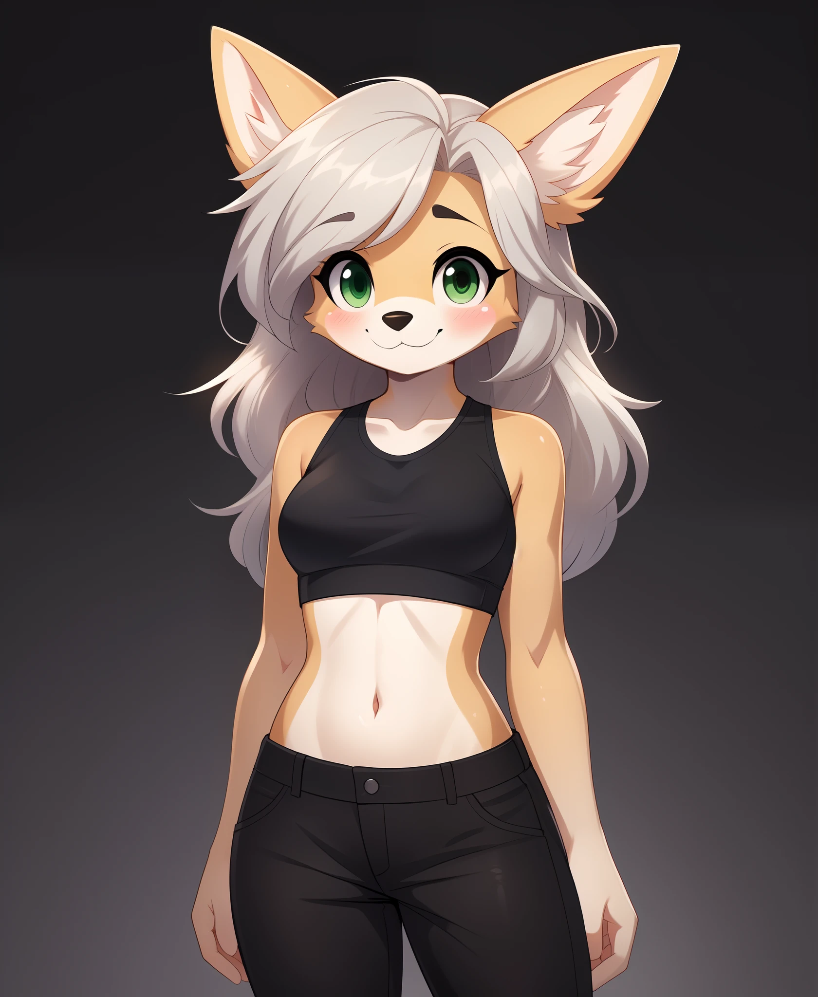 masterpiece, young adult, solo, (woman:1.2), (anthro, dog, welsh corgi:1.2), (brown body), (long hair, silver hair), (green eyes), (black colored top with lining:0.7, royal crop top:1.35), (black pants:1.1), (shy, adorable face, cute), furry, 6'1 ft tall, (by sssonic2), (really thin simple eyebrows:1.3), (no background, transparent background),