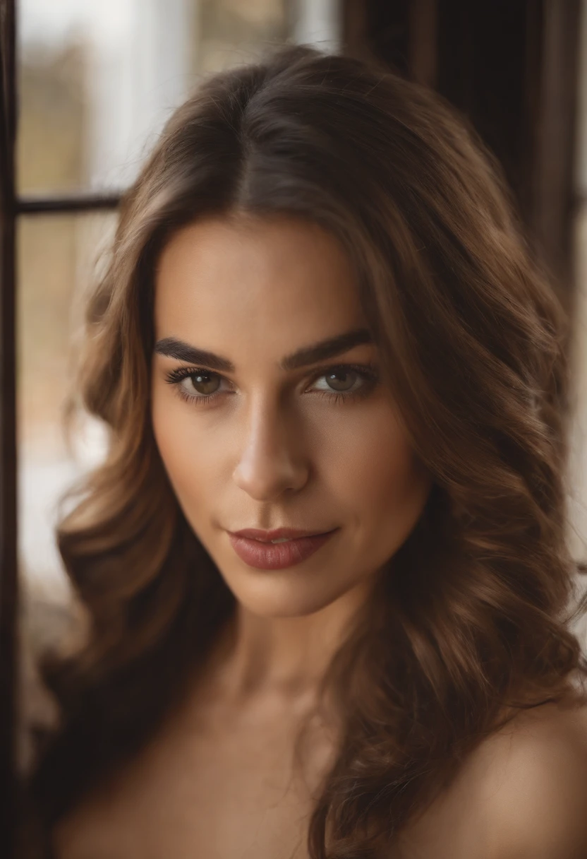 Young woman fully , sexy girl with brown eyes, ultra realistic, meticulously detailed, brown hair, selfie of a young woman, bedroom , natural makeup, sexy lingerie, looking directly at the camera, face with artgram,large size bust; luxury room, Beautiful body.