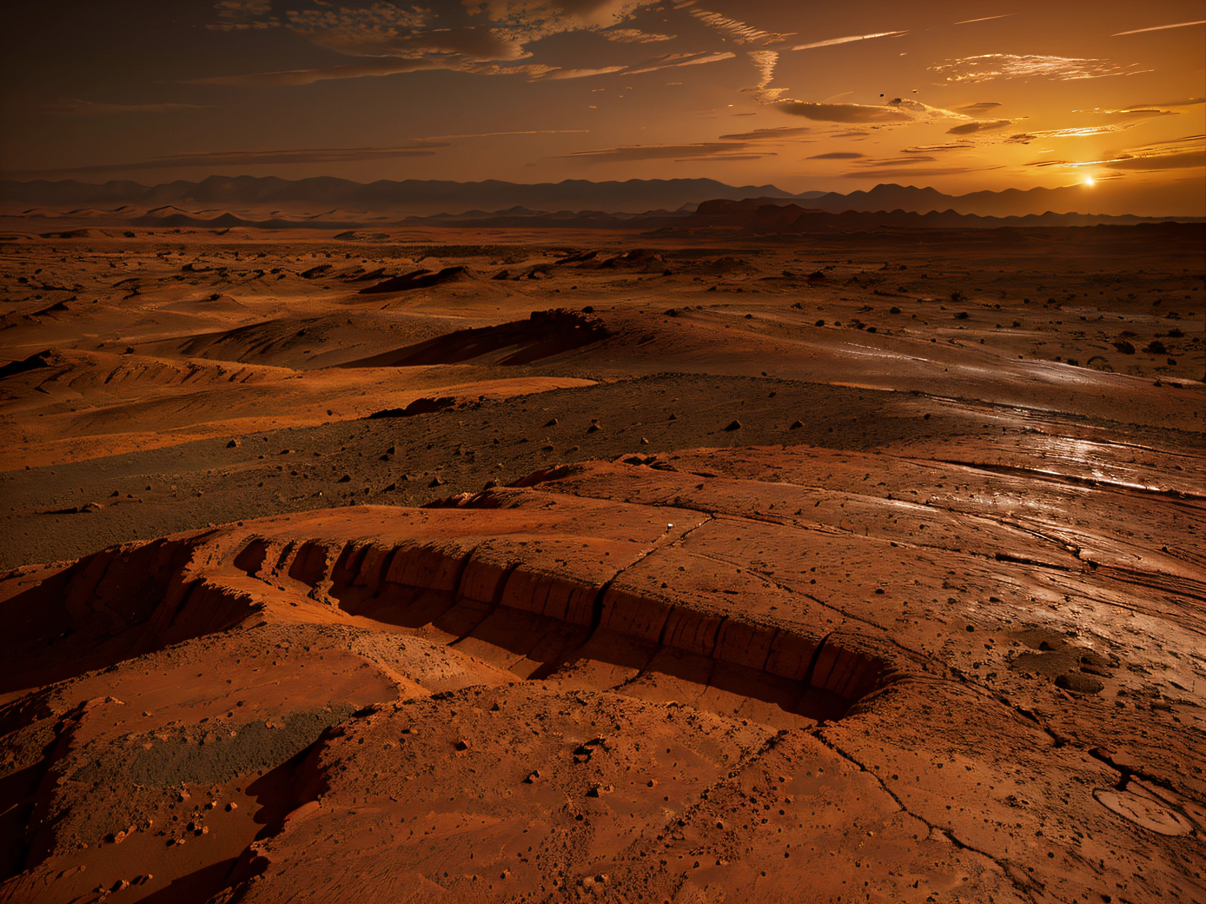 A stunning view of the Martian landscape with its rust-colored surface, rocky terrain, and a fiery sky