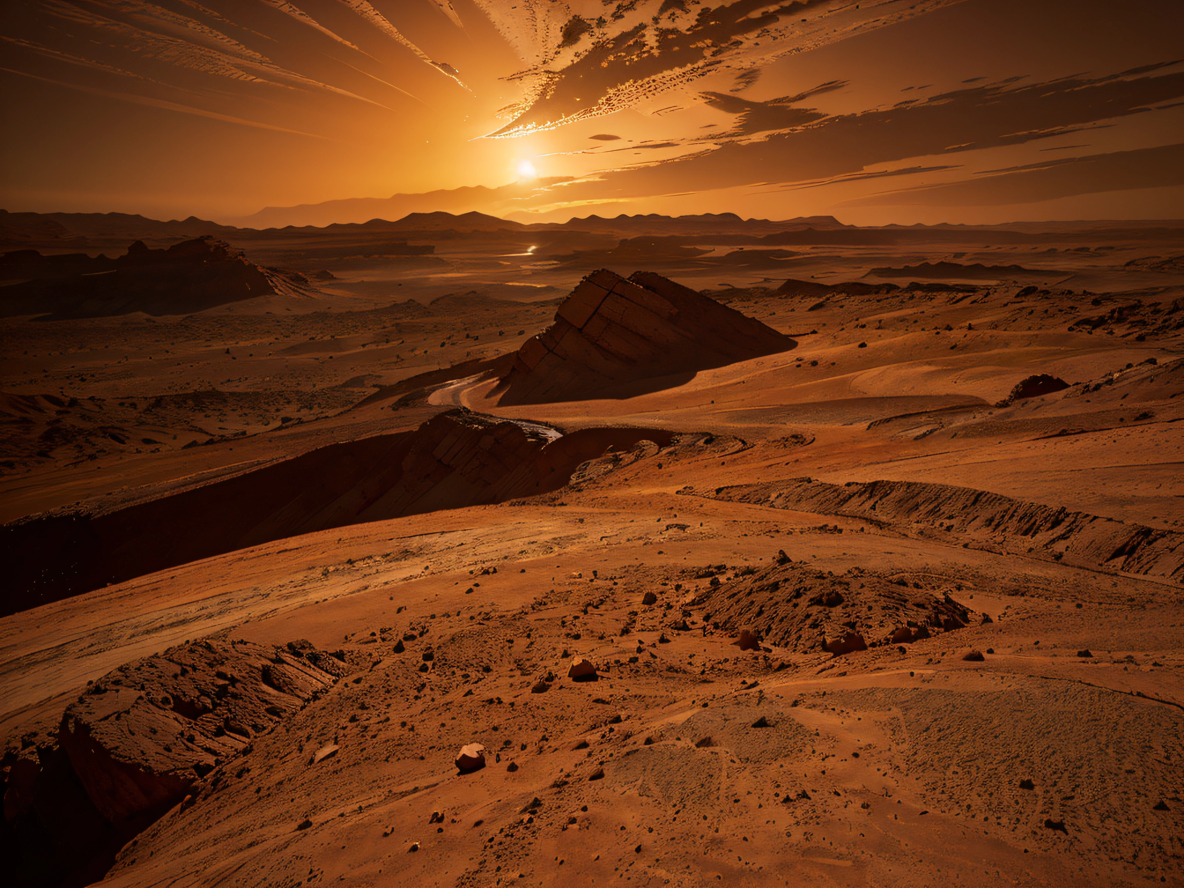 A stunning view of the Martian landscape with its rust-colored surface, rocky terrain, and a fiery sky