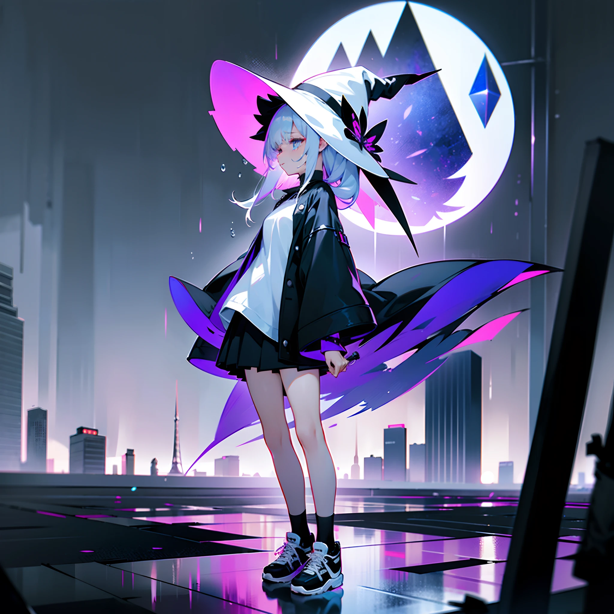 Rainy nights、An urban area lined with buildings、TOKYOcty、Standing Girl、Black coat、white t-shirt、a black skirt、beautiful thigh、Beautiful calves、Rob hair with white hair color with blue-violet mesh、Looking at me crying、Black sneakers with white shoelaces、Large witch hat with sapphire accessories、