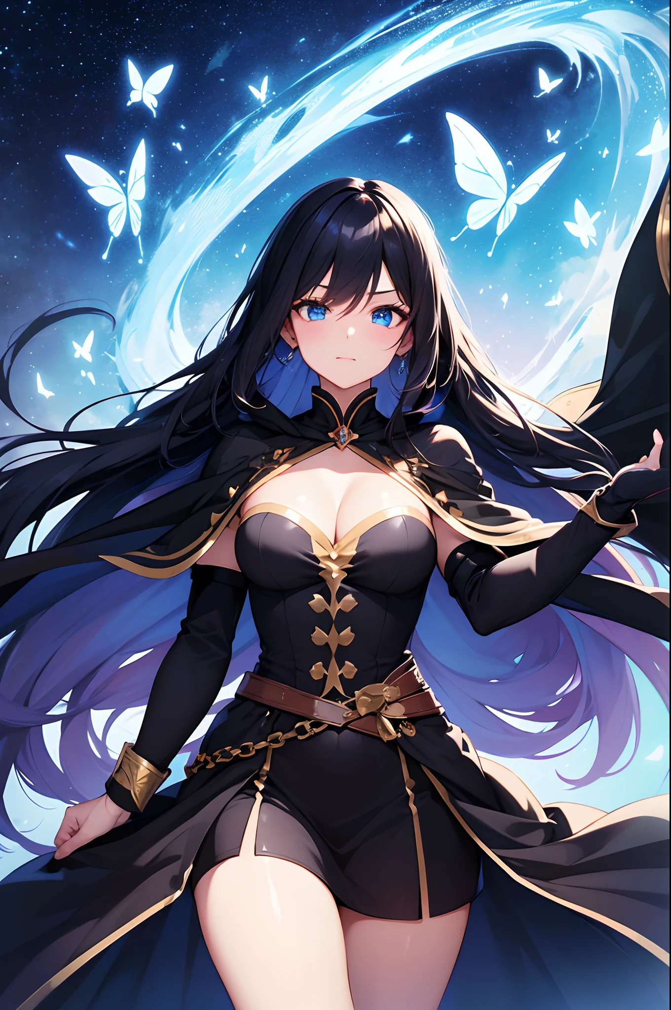 1 woman magician with long black hair, beautiful blue eyes, golden bracelets, black magician cape, looking at a giant magical colourful butterfly flying in the sky. Scene, masterpiece, best lightning, detalled, high res, bes quality