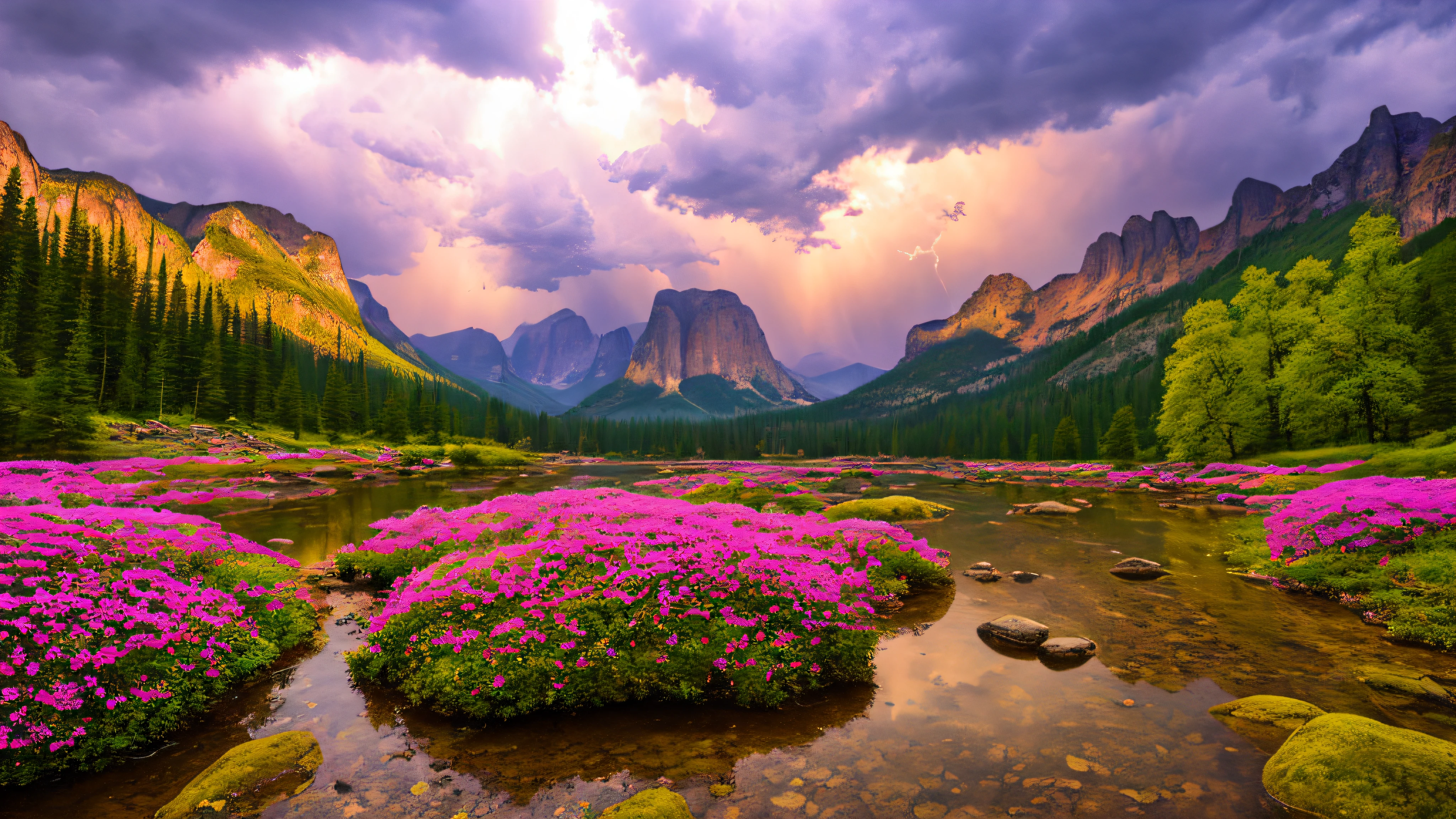 magical,  landscape, mysterious, luminous, dreary, complex, bloom, dreary. expansive, magnificent, god rays, storm, lightning, mountains, valley, boulders, trees, flowers, lake