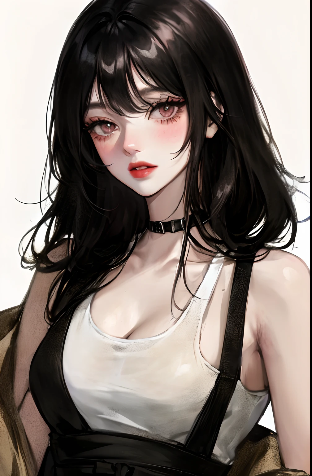 Anime style, illustration, Watching from a distance, Black hair, watercolor, One Hong makeup, Scheiburg, simple backround, one girl, Black hair, (Ultra-smooth hair 1.8)))), No explosions, looking into the camera, facing the front, beautifull face, white-skinned, Lustrous Skin, Long and combined eyelashes, Eyeliner 1.6, Lipstick, Thick flange, Blush under the eyes, Red head of the nose, tank top