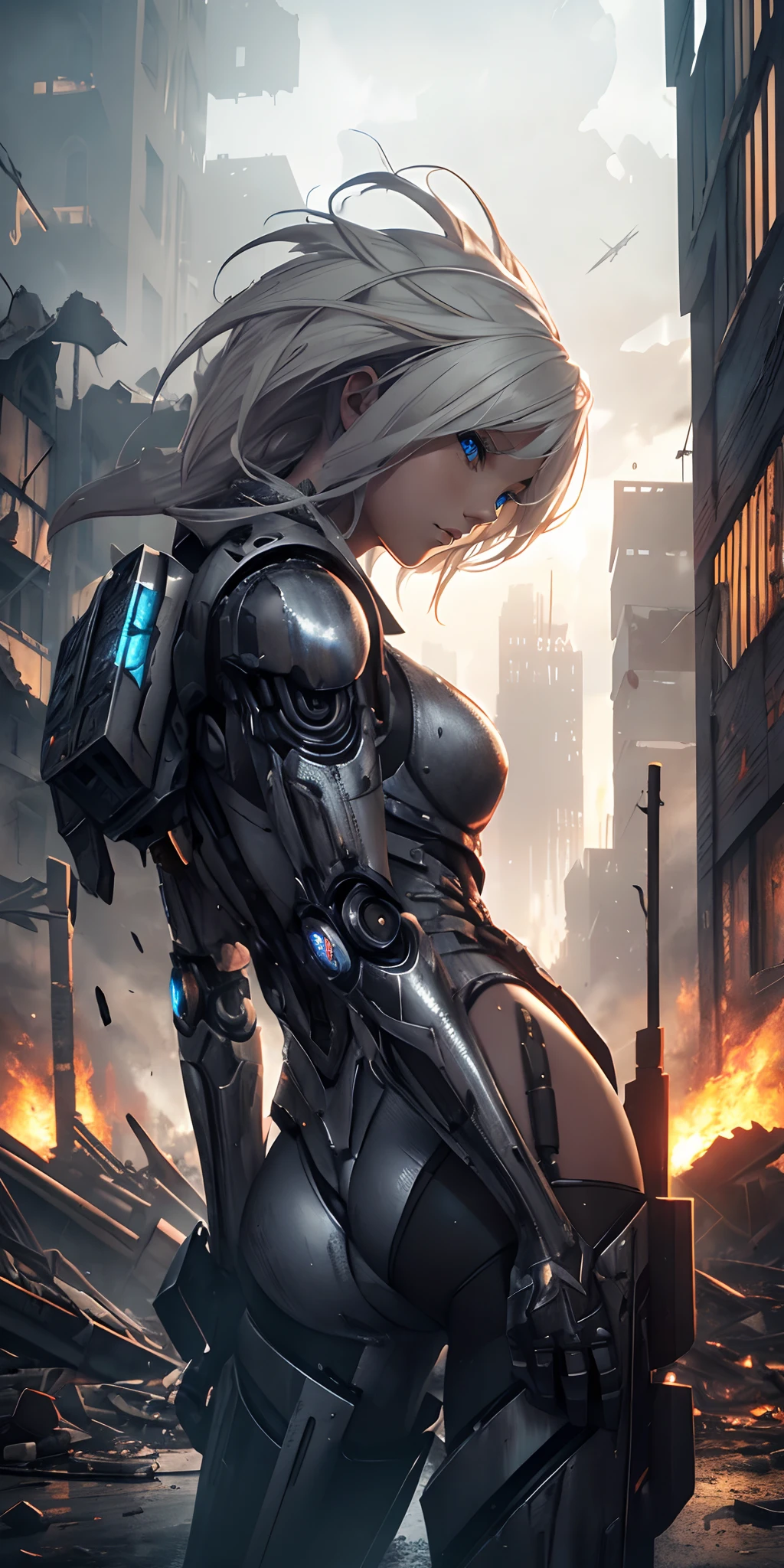 (platinum blonde woman), (robotic destroyed city), (super realistic well detailed), (3D rendering), (dystopian), (dark atmosphere), (metallic textures), (burning flames), (broken buildings), (smoke and dust), (gritty), (mechanical devices), (futuristic), (post-apocalyptic), (high fashion), (cyberpunk), (neon lights), (intense expression), (confident posture), (dynamic camera angle), (cinematic), (action-packed), (high contrast), (sharp details), (vivid colors), (dramatic lighting), (haunting), (epic scale), (desolation), (ruins), (urban decay), (chaos), (emotionally charged), (graceful movements), (ominous), (powerful), (fierce), (hope amidst destruction)