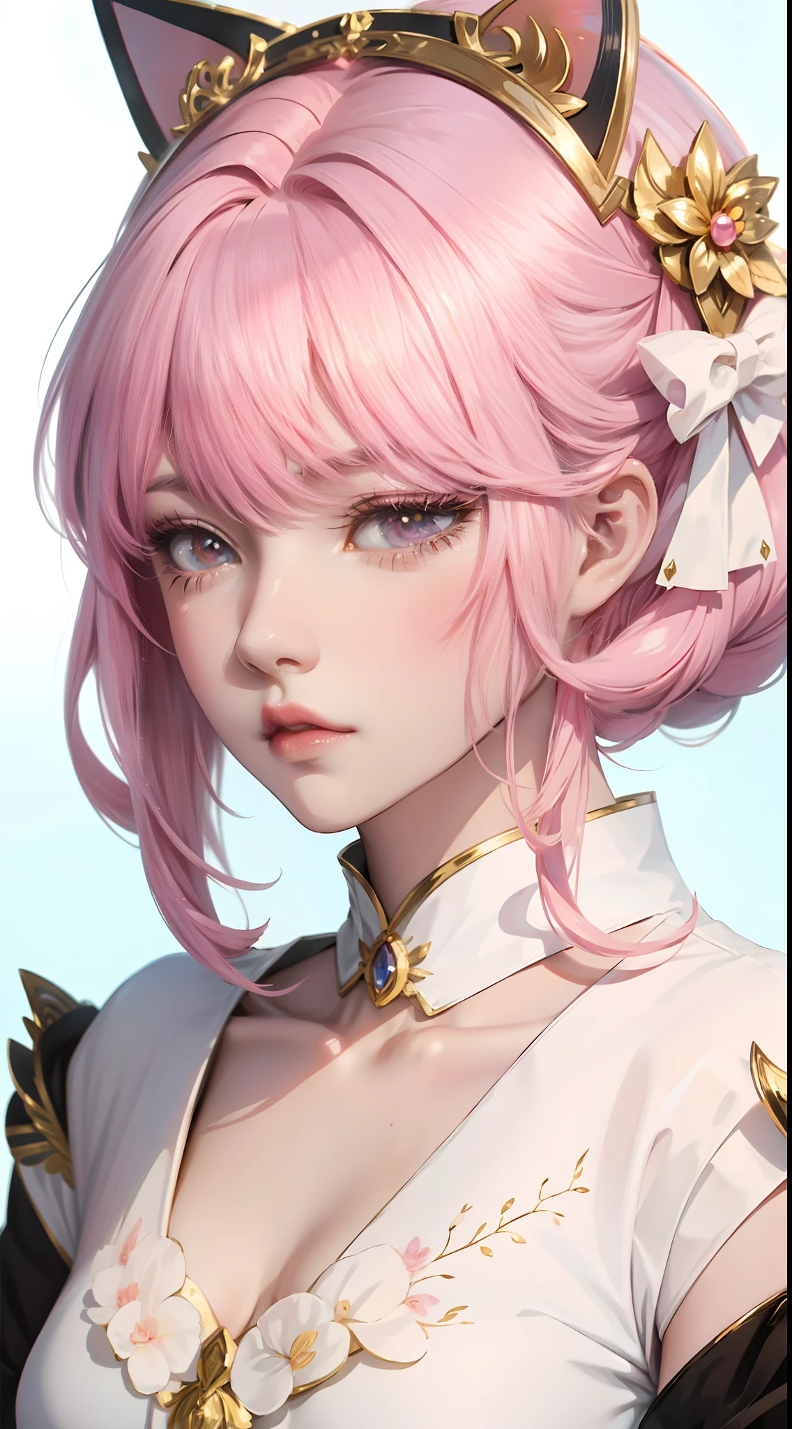 Anime girl pink hair white bow, , Beautiful character painting, , Stunning anime face portrait handsome royal sister cat ears