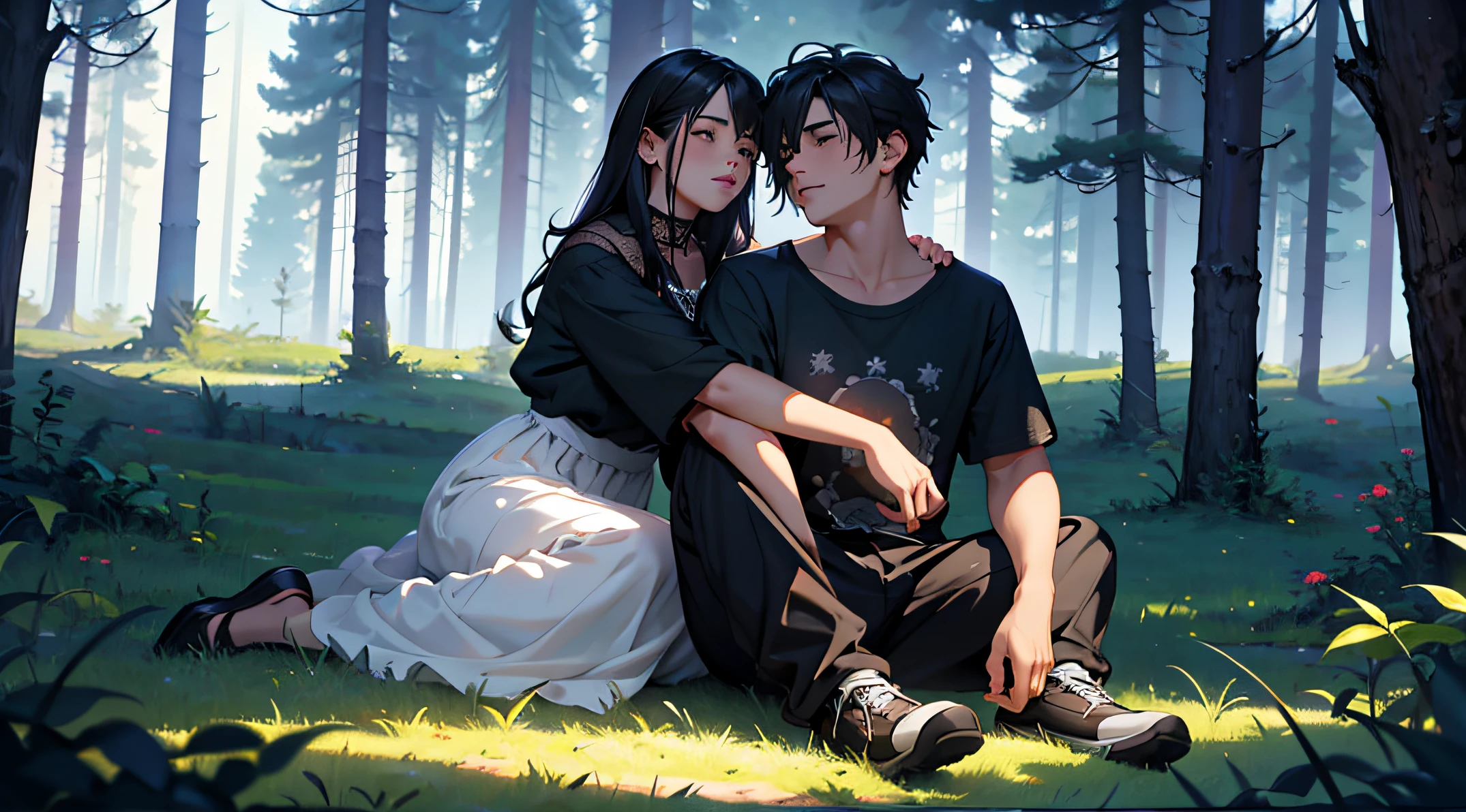 It's night in a forest with starry sky and some trees in the field. It's two people, um casal, um menino de cabelo preto estilo emo, com blusa regata preta, Cabelo meio fechado, alto e forte. E uma menina emo com cabelo de franja e roxo, com pinging nos labios, e um estilo de roupa emo. They're both sitting on the lawn, hugging each other, listening to music and in a very romantic mood.