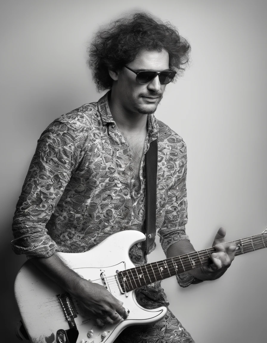 Banda de Rock. Guitarrista Branco, Fino, Cabelos pretos e muito compridos, In love with his black and white electric guitar. Tocando em um palco profissional com luzes, nevoeiro, Telas e pirotecnia. super realista , profesional lighting,