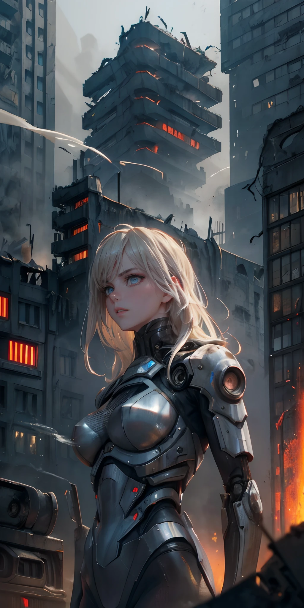 (platinum blonde woman), (robotic destroyed city), (super realistic well detailed), (3D rendering), (dystopian), (dark atmosphere), (metallic textures), (burning flames), (broken buildings), (smoke and dust), (gritty), (mechanical devices), (futuristic), (post-apocalyptic), (high fashion), (cyberpunk), (neon lights), (intense expression), (confident posture), (dynamic camera angle), (cinematic), (action-packed), (high contrast), (sharp details), (vivid colors), (dramatic lighting), (haunting), (epic scale), (desolation), (ruins), (urban decay), (chaos), (emotionally charged), (graceful movements), (ominous), (powerful), (fierce), (hope amidst destruction)