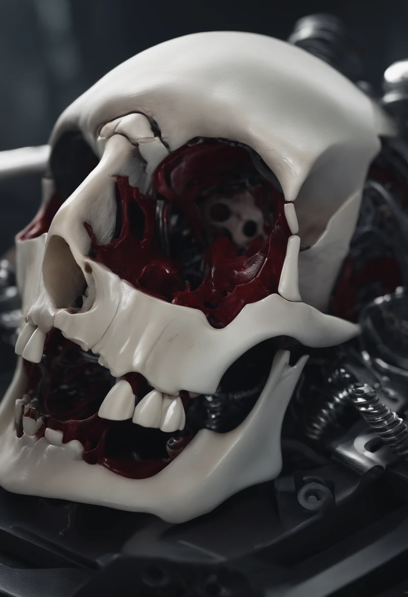 Creates a vampire face by breaking and showing up inside parts of the skull as part robot half Lele and half parts