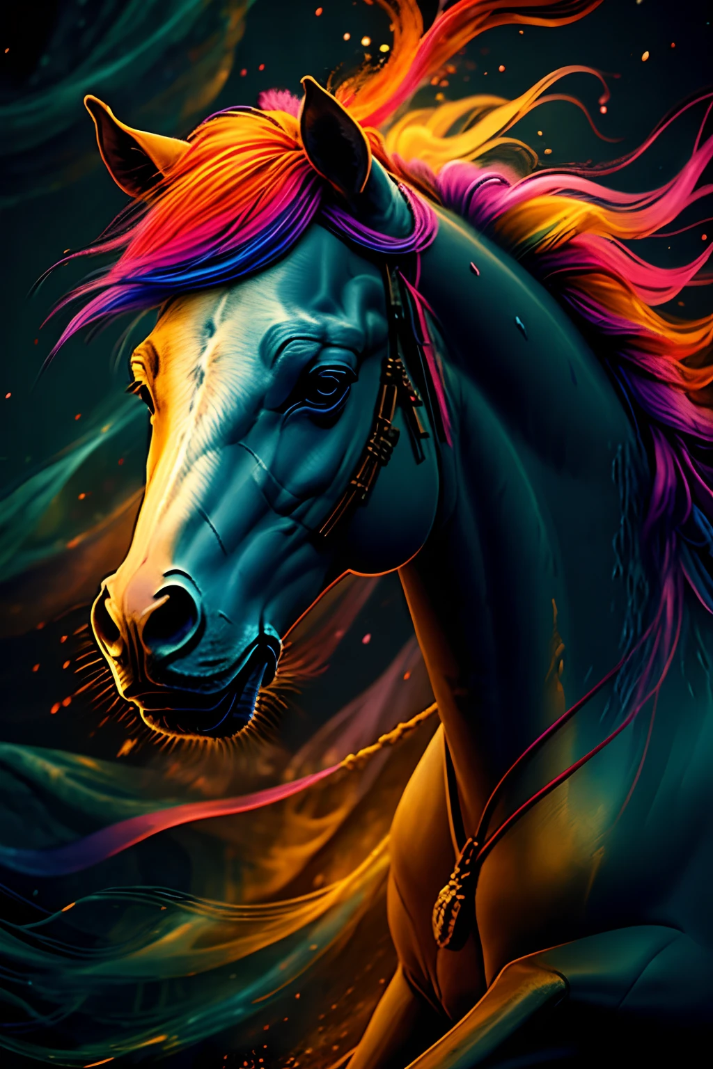 horse, strong colors, psychedelic, pink lights, futuristic