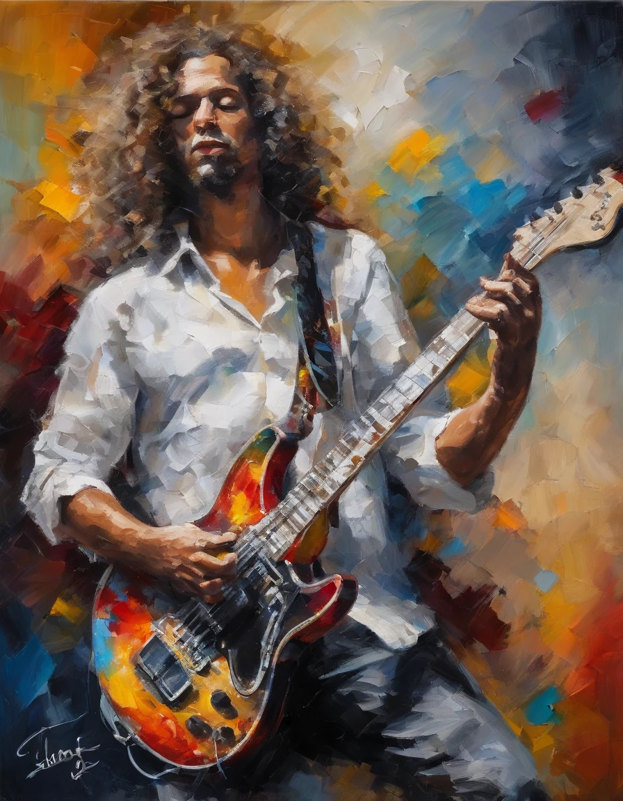 Banda de Rock. Guitarrista Branco, Fino, Cabelos pretos e muito compridos, In love with his black and white electric guitar. Tocando em um palco profissional com luzes, nevoeiro, Telas e pirotecnia. super realista , profesional lighting,