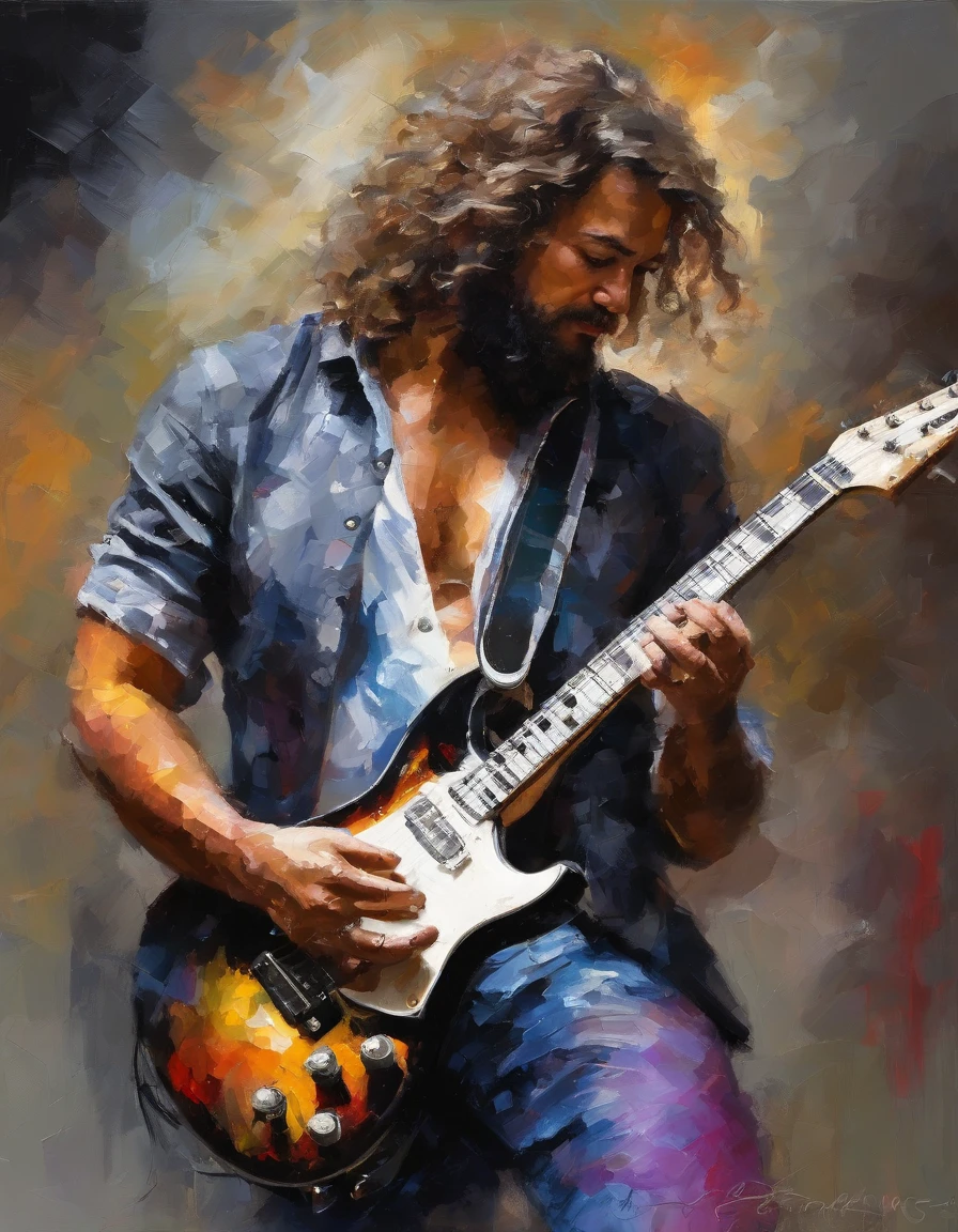 Banda de Rock. Guitarrista Branco, Fino, Cabelos pretos e muito compridos, In love with his black and white electric guitar. Tocando em um palco profissional com luzes, nevoeiro, Telas e pirotecnia. super realista , profesional lighting,