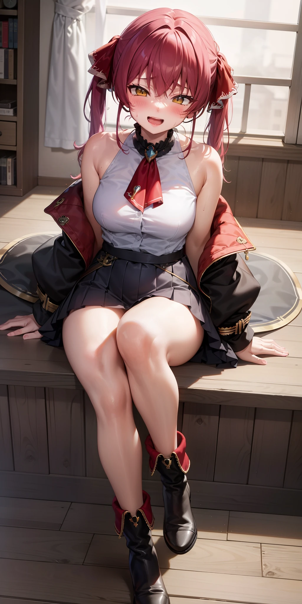 Houshou Marine,marine,heterochromia,shoulder,pirate,off-the-shoulder-coat,miniskirt, half-closed-eyes,evil smile,blush,open mouth, sweating,pigtails,black highleg,steam,red clothes,sitting,sitting,2legs,legs focus,cross one's legs,black stockings,ankle boots,sea