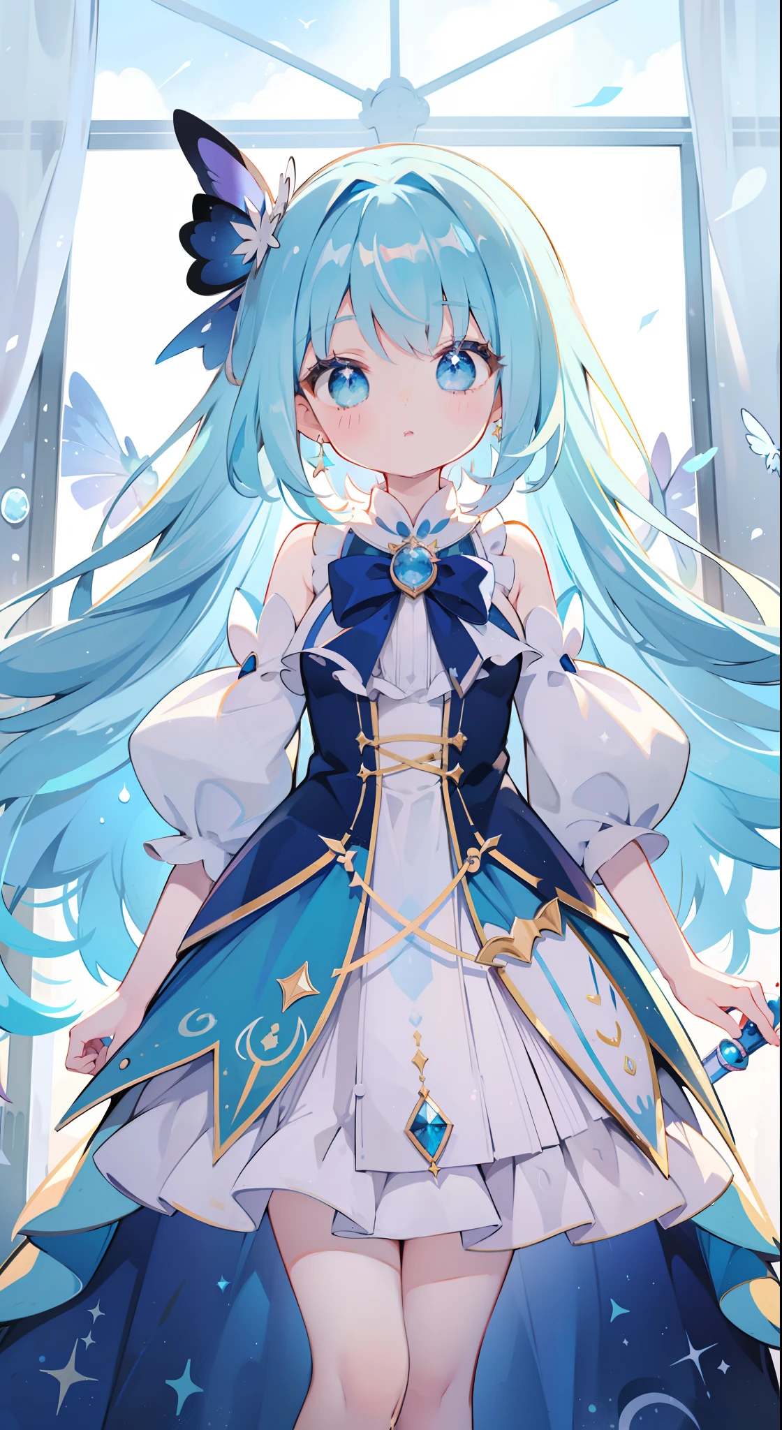 One girl、magical little girl、blue hairs、blue eyess、Magical Girl Costumes、Magic cane、​masterpiece、top-quality、Top image quality、cute little、magia、Using magic