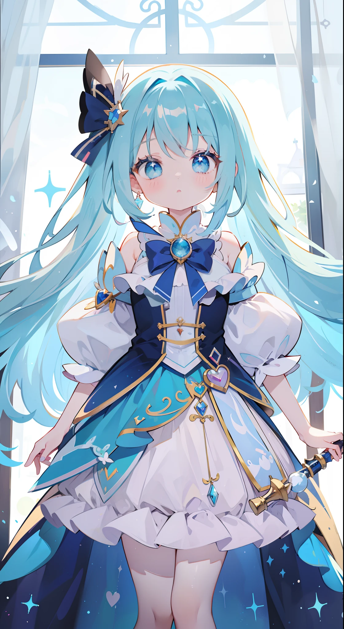 One girl、magical 、blue hairs、blue eyess、Magical Girl Costumes、Magic cane、​masterpiece、top-quality、Top image quality、cute little、magia、Using magic