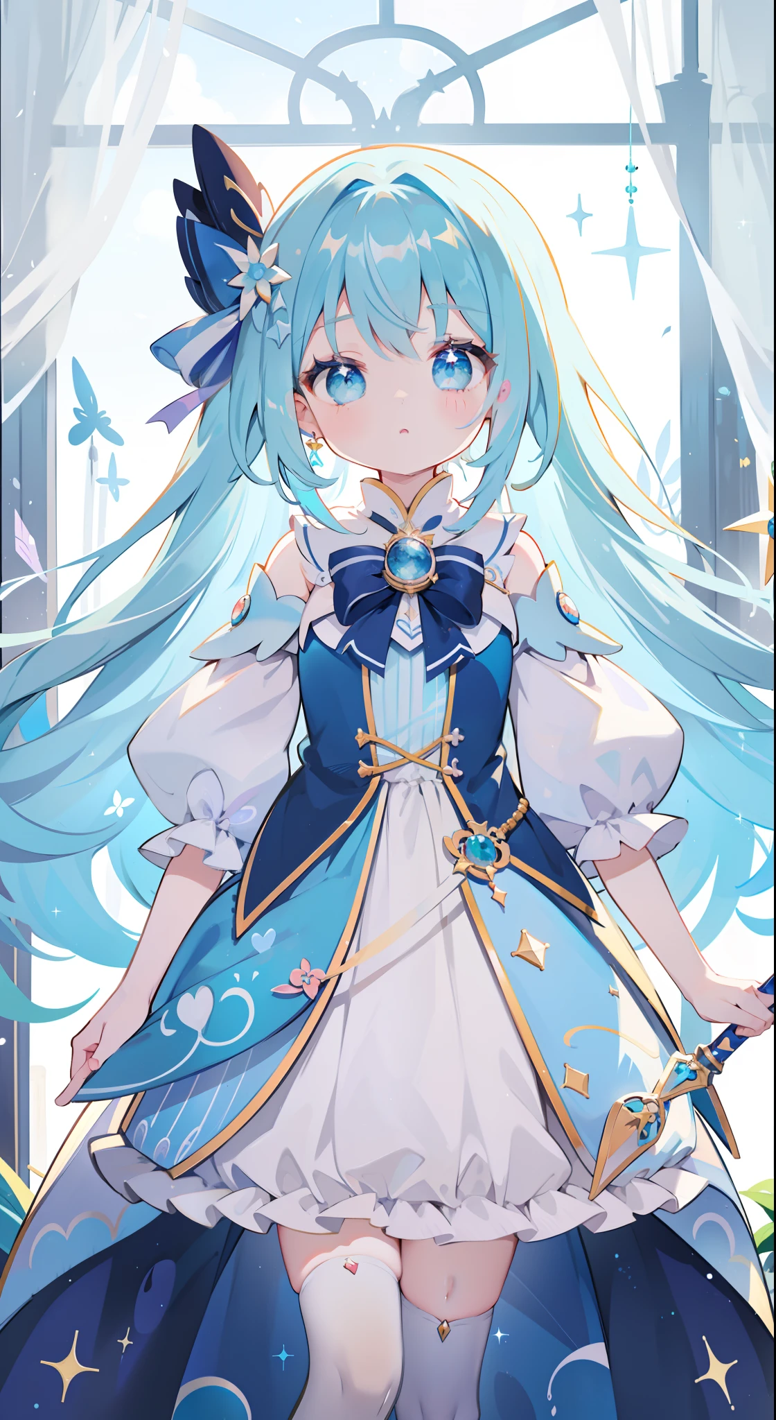 One girl、magical 、blue hairs、blue eyess、Magical Girl Costumes、Magic cane、masterpiece、top-quality、Top image quality、cute little、magia、Using magic