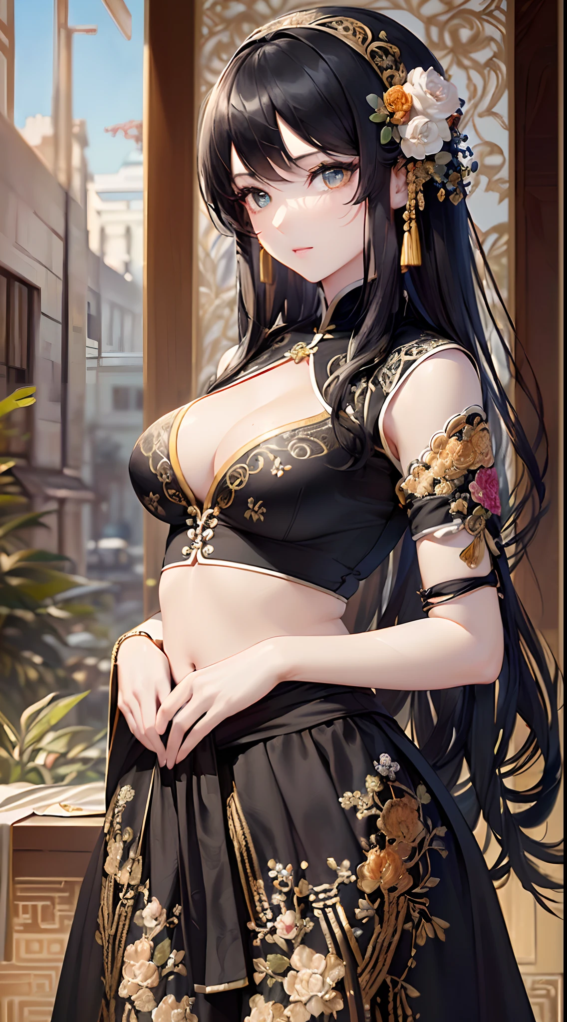 ((Finest quality)),(超A high resolution),(ultra-detailliert),(Meticulous portrayal),((Best CG)),(Finest works of art),Ultra-Precision Art,The art of astounding depiction,Sophisticated ink painting, (Woman in the finest hu clothes with beautiful embroidery in intricate and detailed detail:1.5),(Black hair that grows to the waist:1.3),(Beautiful amber eyes:1.3)