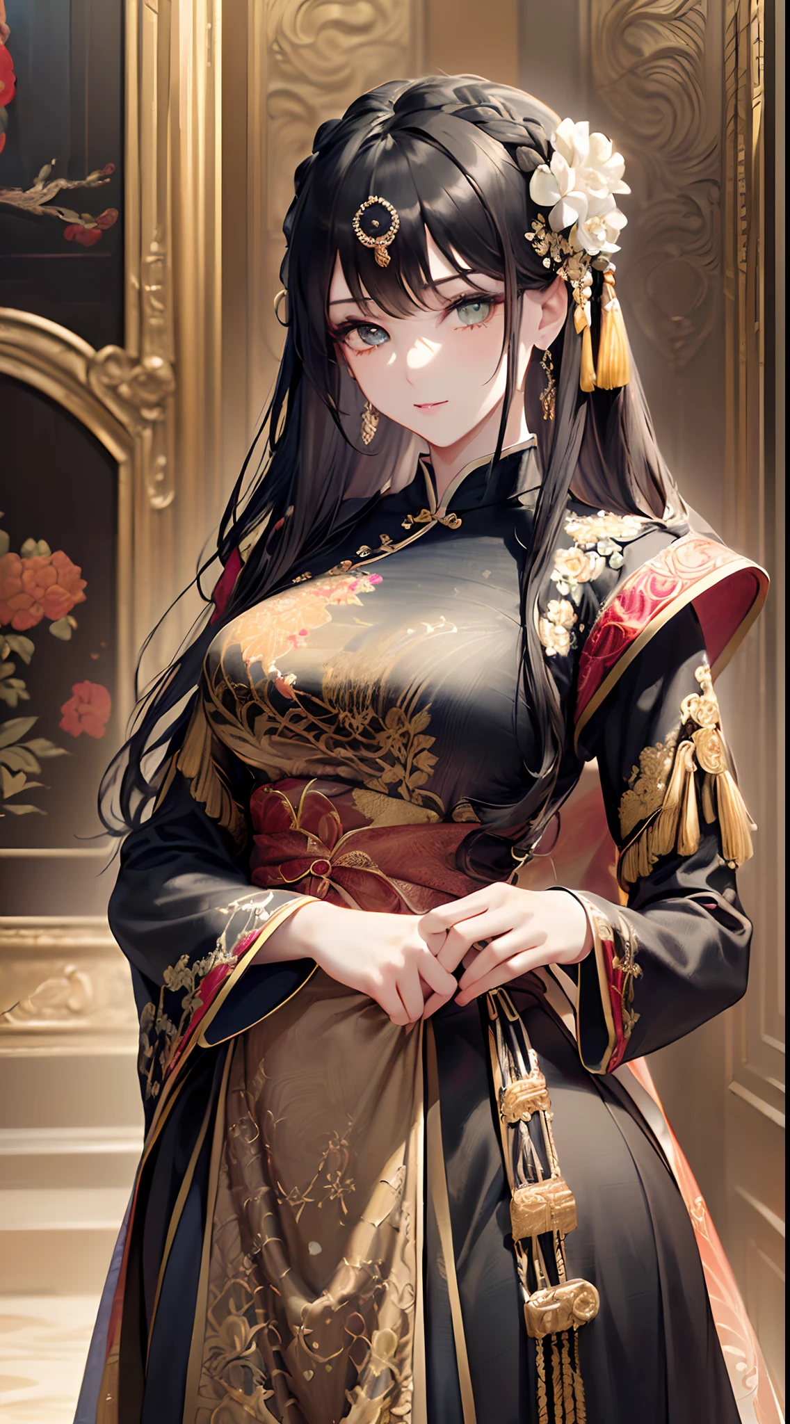 ((Finest quality)),(超A high resolution),(ultra-detailliert),(Meticulous portrayal),((Best CG)),(Finest works of art),Ultra-Precision Art,The art of astounding depiction,Sophisticated ink painting, (Woman in the finest hu clothes with beautiful embroidery in intricate and detailed detail:1.5),(Black hair that grows to the waist:1.3),(Beautiful amber eyes:1.3)