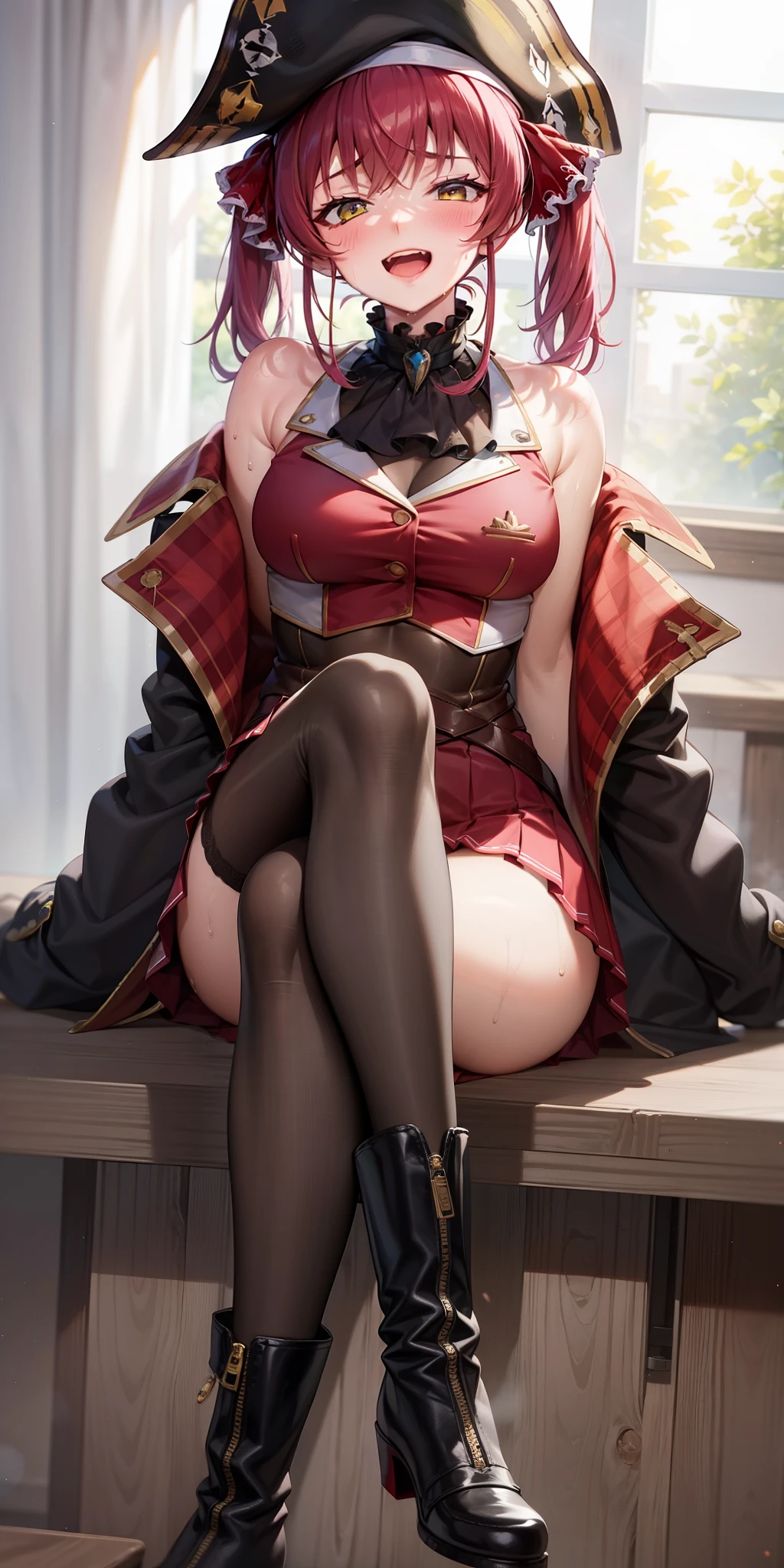 Houshou Marine,marine,heterochromia,shoulder,pirate,off-the-shoulder-coat,miniskirt, half-closed-eyes,evil smile,blush,open mouth, sweating,pigtails,black highleg,steam,red clothes,sitting,sitting,2legs,legs focus,cross one's legs,black stockings,ankle boots,sea