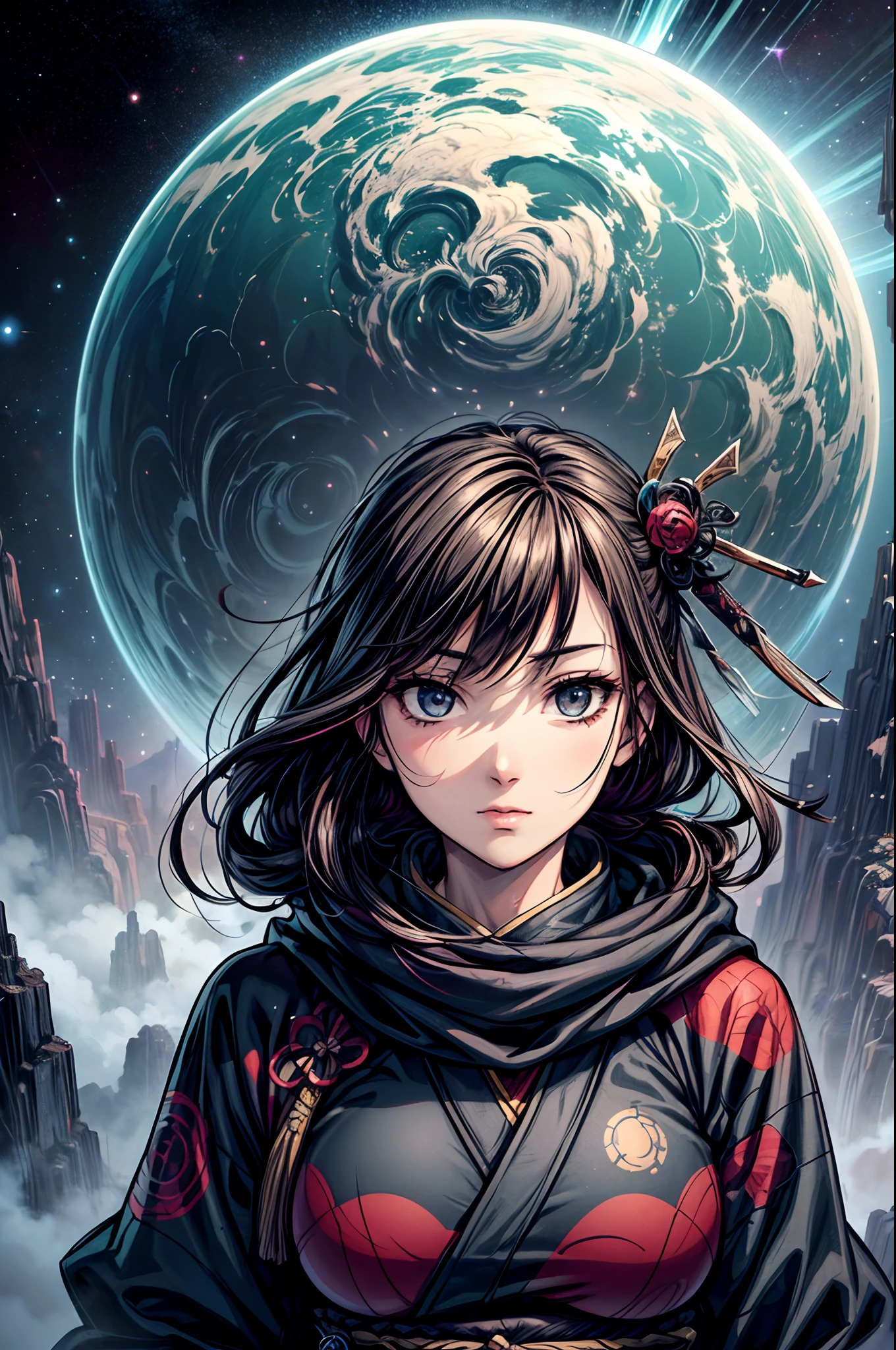 "Girl in sci-fi attire, masterful shinobi, cosmic katana, vast space, planetary wonders, (science fiction dreams), mist-shrouded landscape, captivating and surreal"