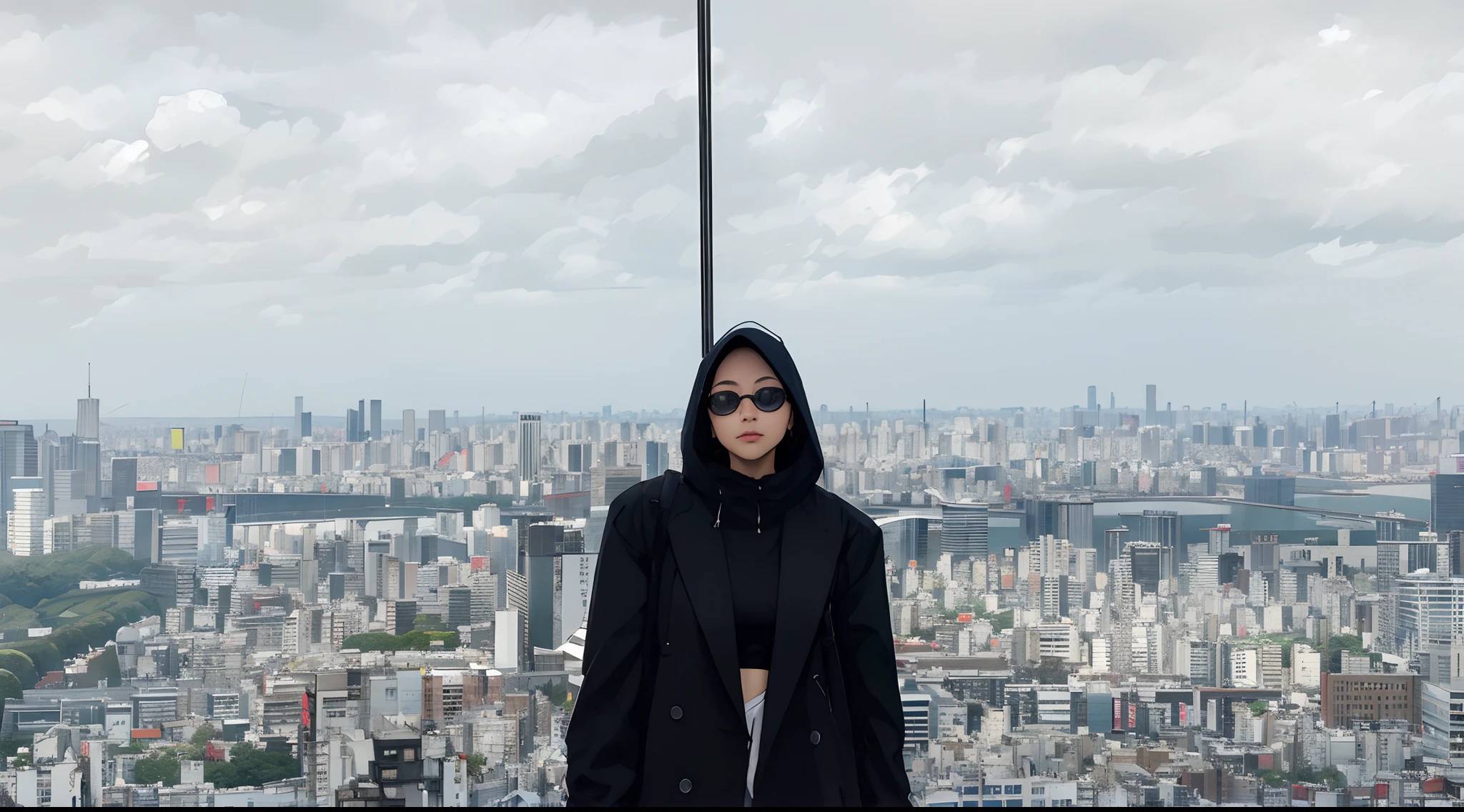 seducing agraffe woman standing in front of a window overlooking a city, Tokyo in the background, standing on a skyscraper rooftop, in Tokio, wearing Japanese techwear, sitting in tokyo, set in Tokyo rooftop, Tokyo city in the background, Tokyo futuristic in the background, stood on top of a skyscraper, with a city in the background, ((cyberpunk)), pink city, high rise structures