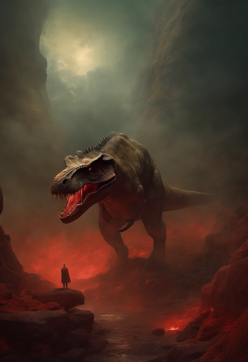 Giant lizard walking on top of a volcano, breathing fire and dragons